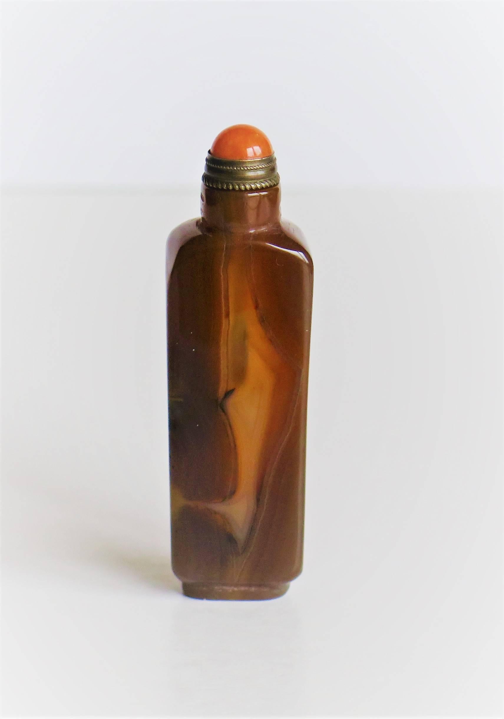 Qing Chinese Snuff Bottle, Natural Jade, Orange Stone Stopper and Spoon, circa 1930