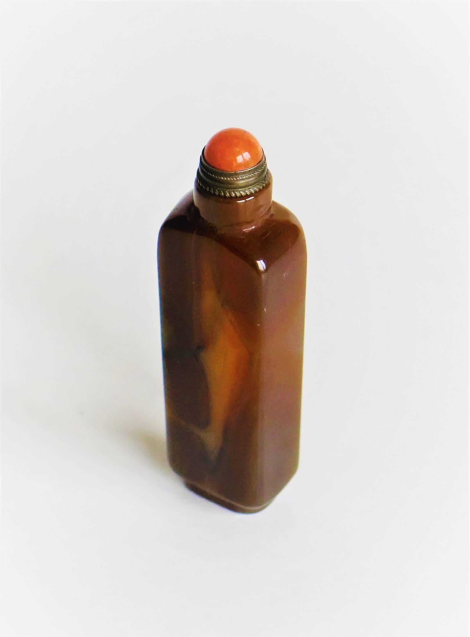 Carved Chinese Snuff Bottle, Natural Jade, Orange Stone Stopper and Spoon, circa 1930