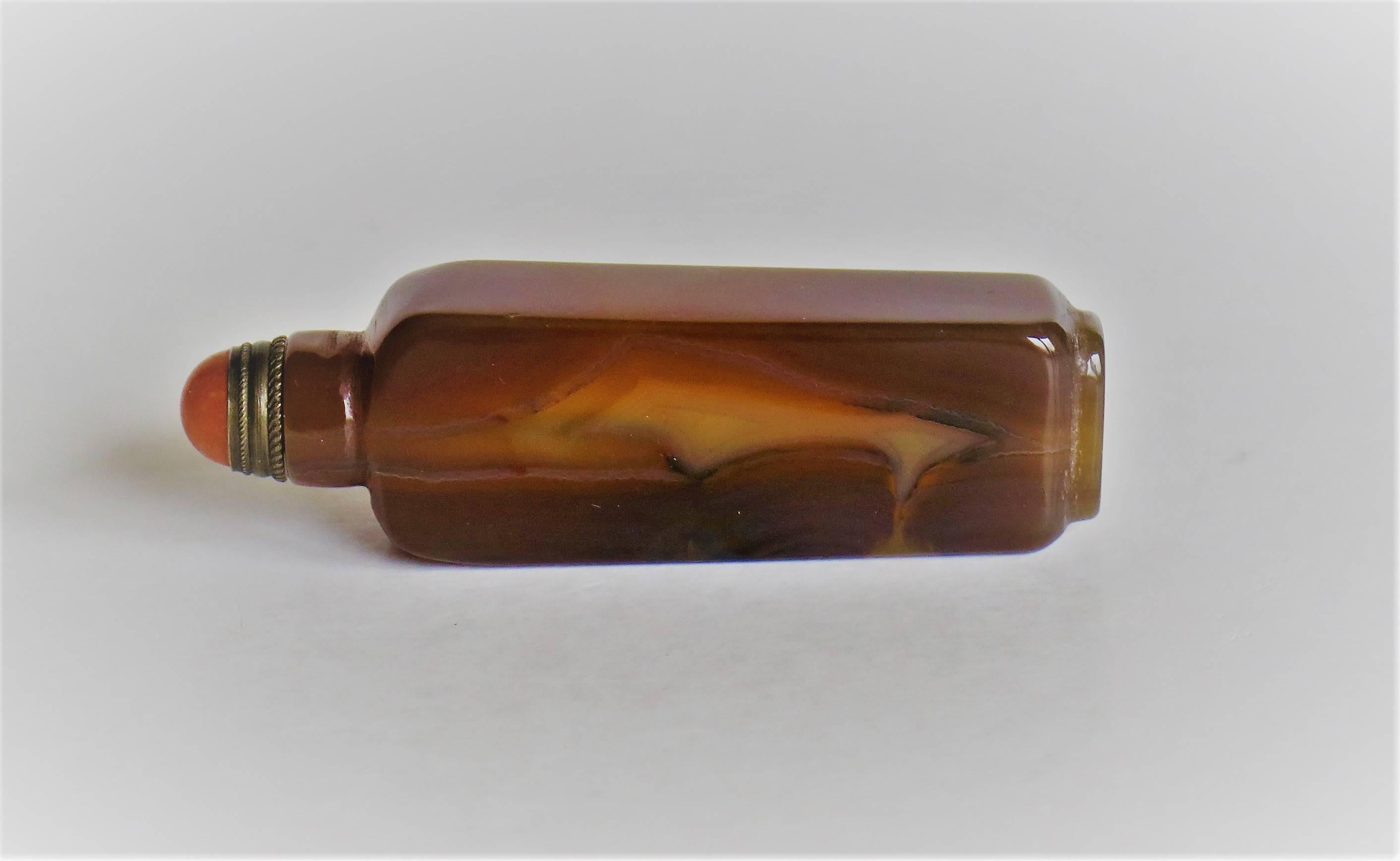Chinese Snuff Bottle, Natural Jade, Orange Stone Stopper and Spoon, circa 1930 2