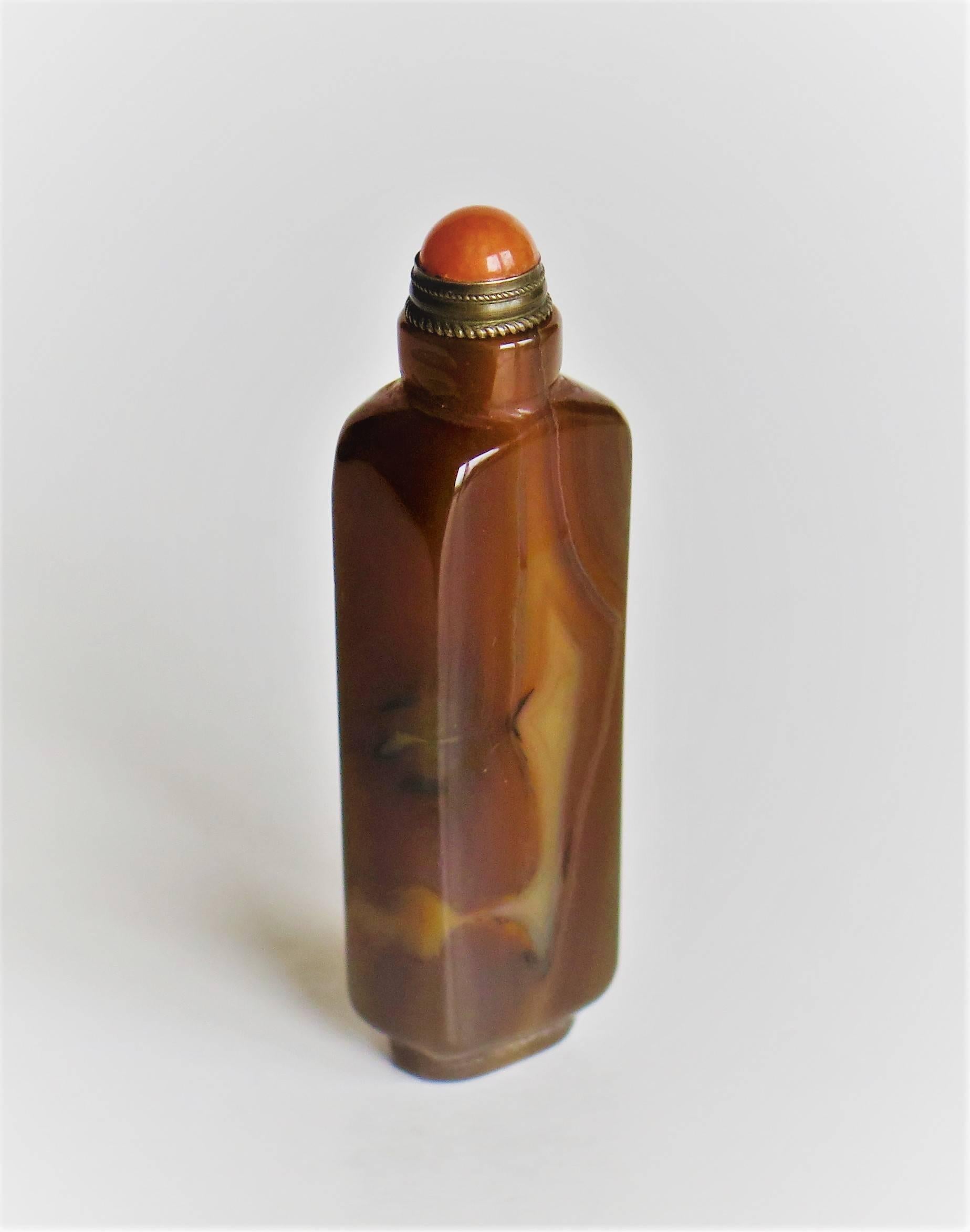 Chinese Snuff Bottle, Natural Jade, Orange Stone Stopper and Spoon, circa 1930 In Excellent Condition In Lincoln, Lincolnshire