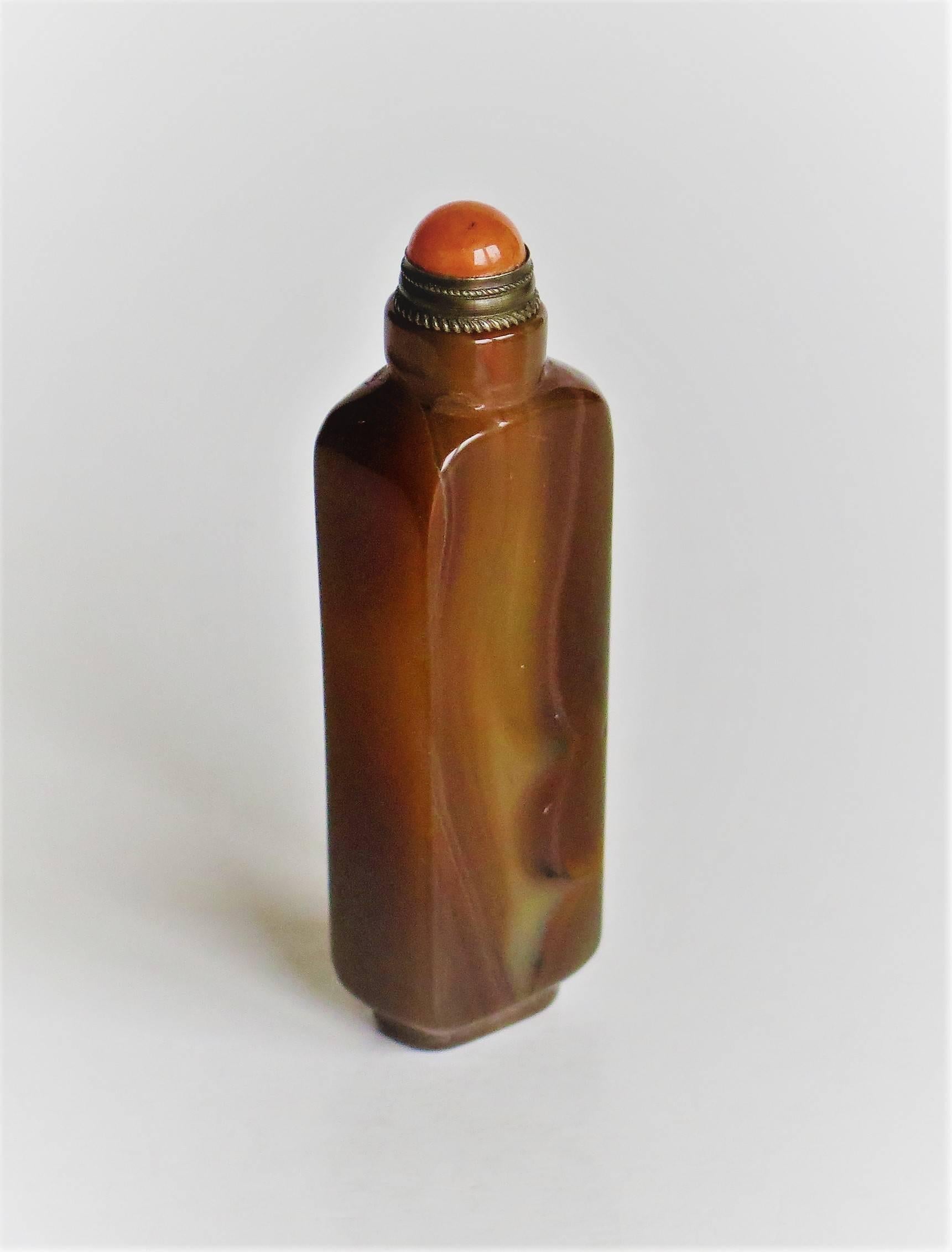 20th Century Chinese Snuff Bottle, Natural Jade, Orange Stone Stopper and Spoon, circa 1930