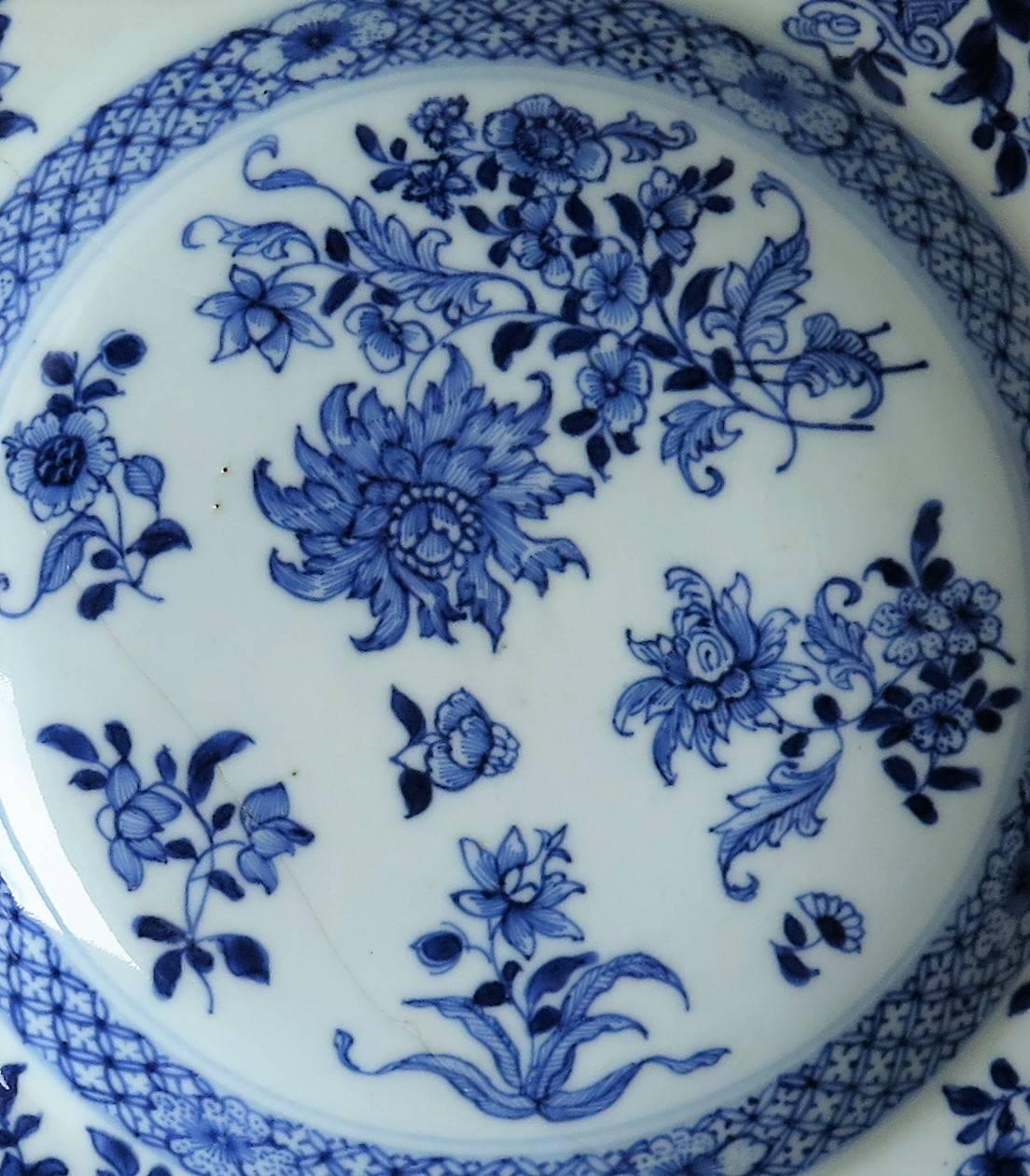 18th Century and Earlier Chinese Porcelain Plate or Bowl, Blue and White, Floral Sprigs, circa 1770