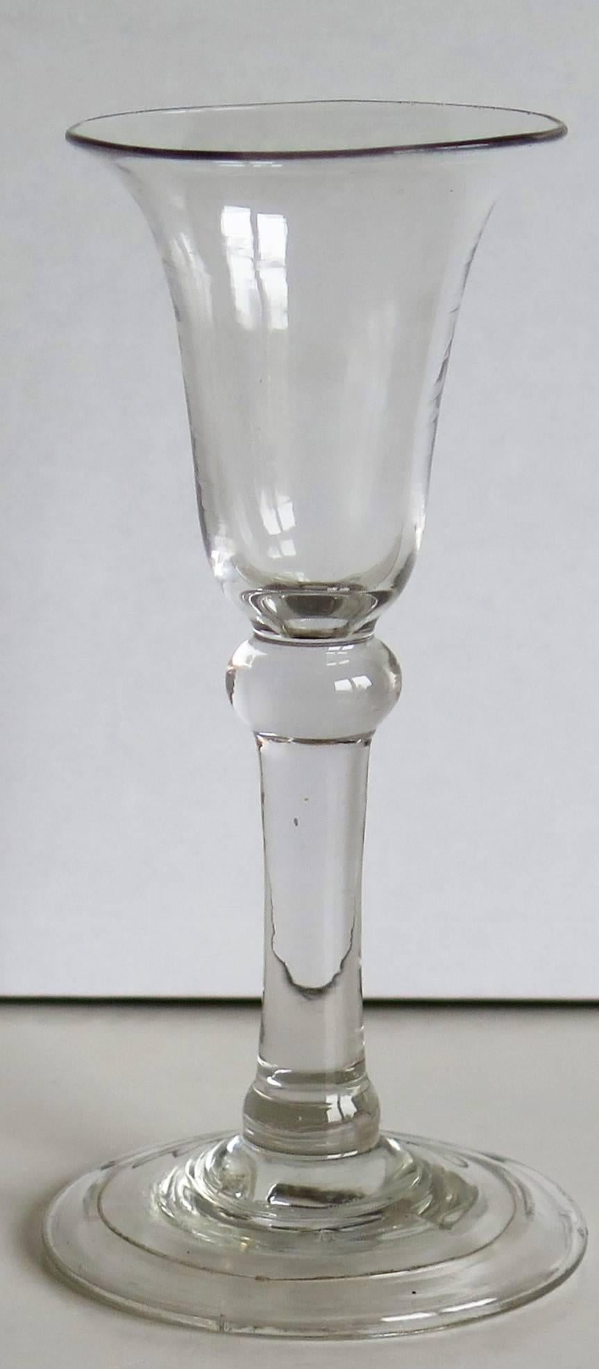 English George 11nd Balustroid Wine Drinking Glass Bell Bowl Knopped Stem, Circa 1740 For Sale