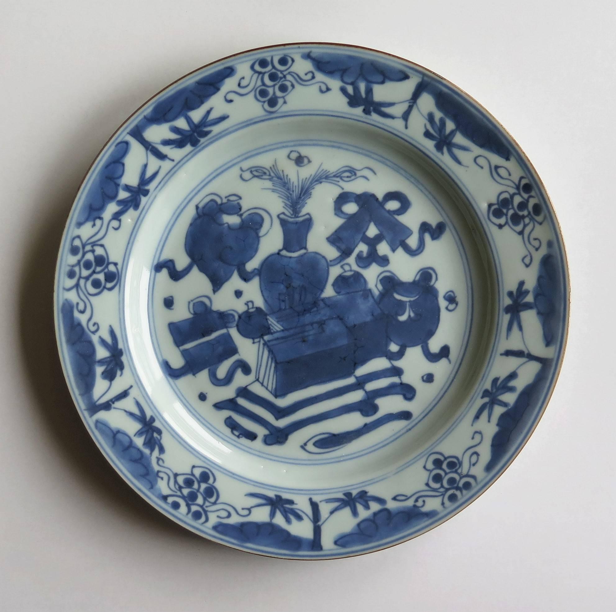 Hand-Painted Early 18th Century, Chinese Porcelain Plate, Vase and Symbols, Qing, circa 1735
