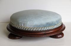 Mid-Victorian Footstool, Mahogany, Bun Feet, Duck Egg Blue Cover, circa 1850