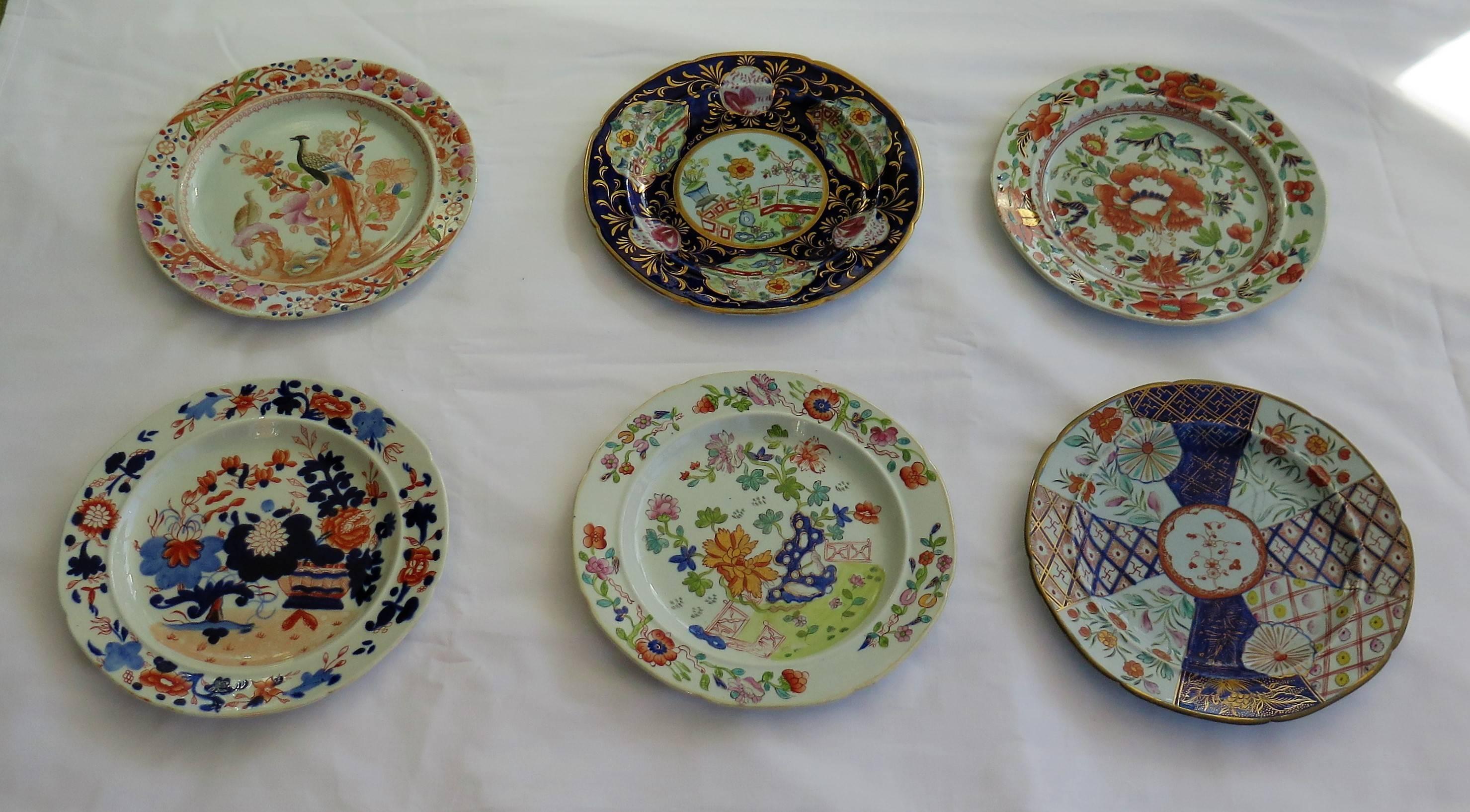 This is a harlequin set of six Mason's ironstone plates, all dating to the earliest period between 1813-1820. 

All the plates are the same nominal 8 inch size and shape, but have different chinoiserie patterns and base marks as follows; 

Top