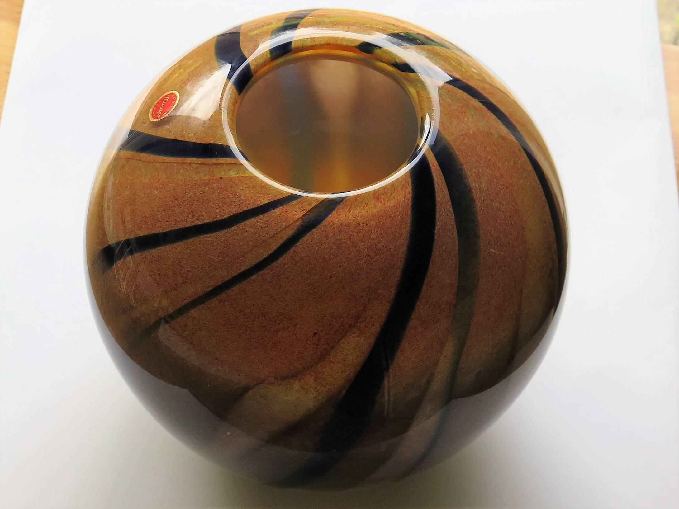Italian Murano Glass Globe Vase Spiral Design with Foil Label, Circa 1950s