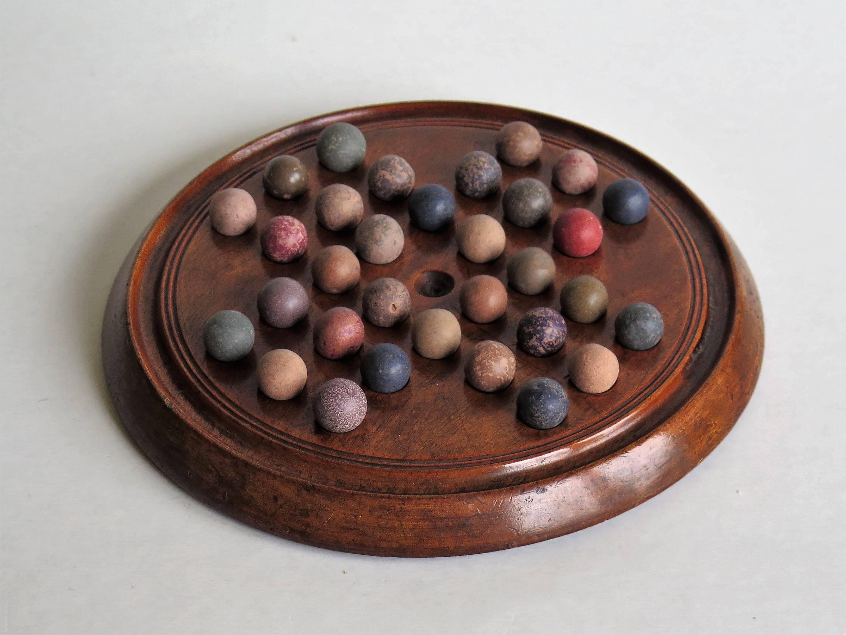 Victorian Mid-19th Century Solitaire Marble Board Game with 32 Early Handmade Marbles