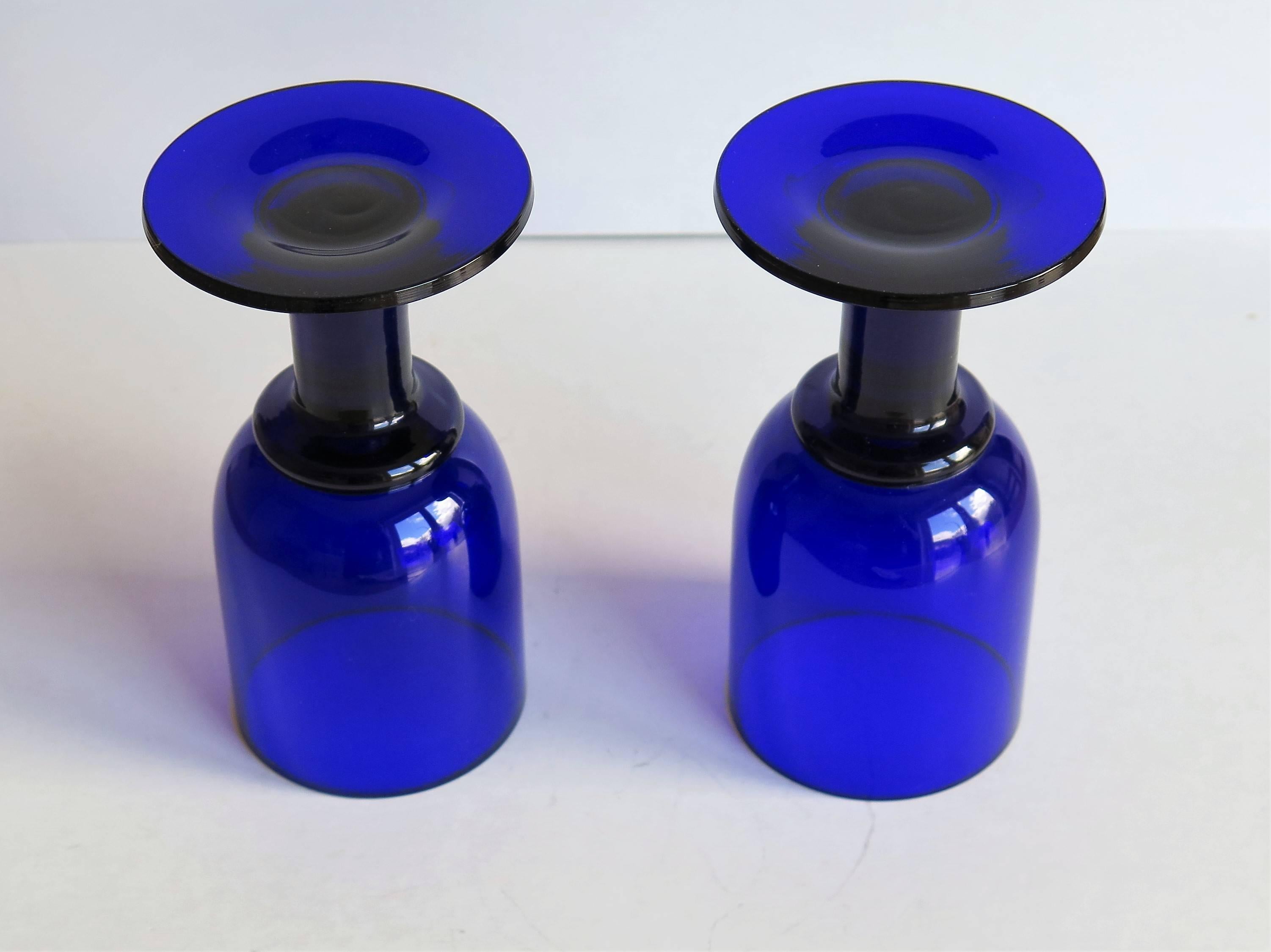 19th Century Pair of Wine Glasses or Drinking Goblets Bristol Blue Thick Stems, Circa 1880