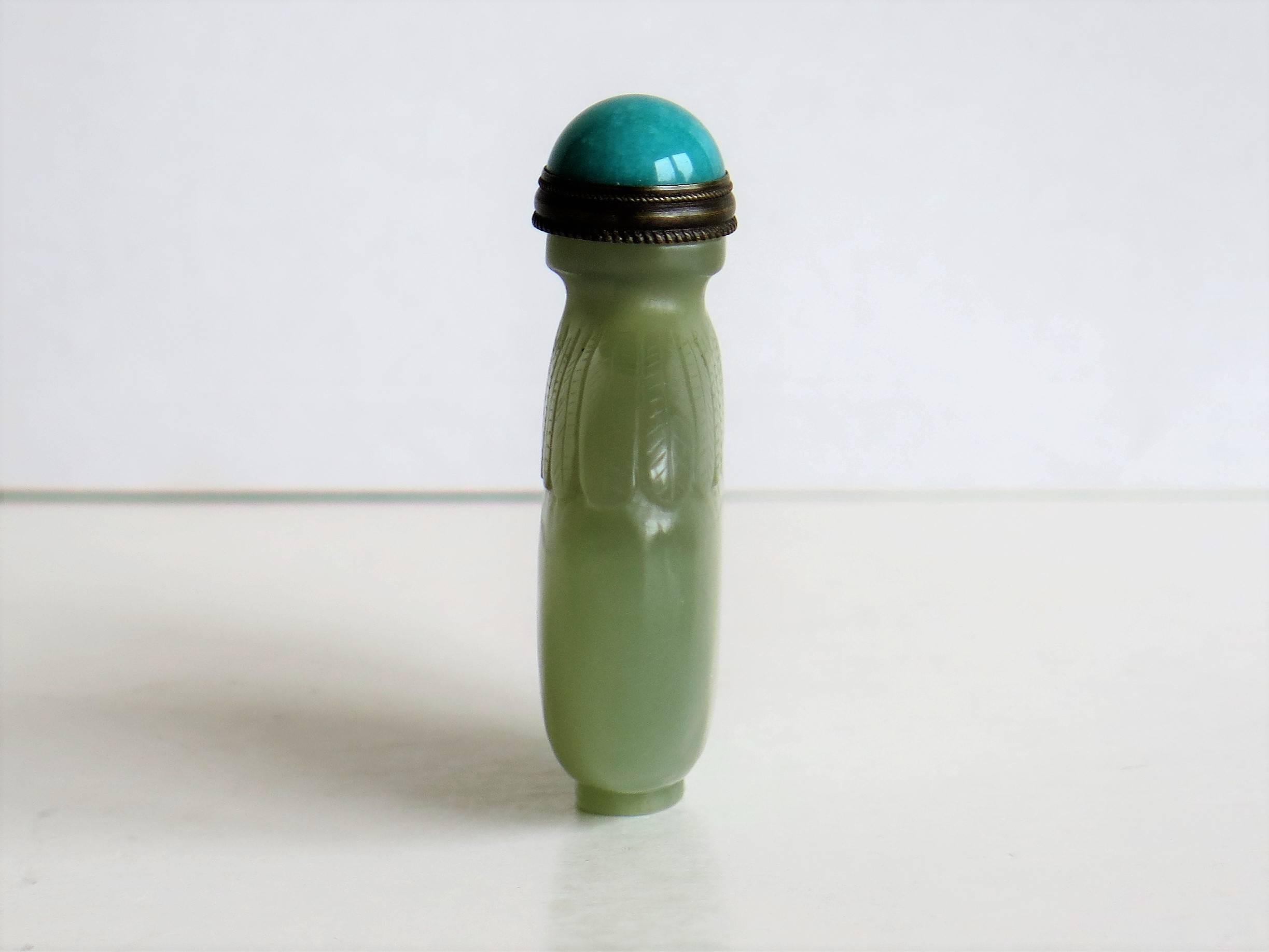 Qing Fine Chinese Snuff Bottle Hand Carved Celadon Jade with spoon top, Circa 1920