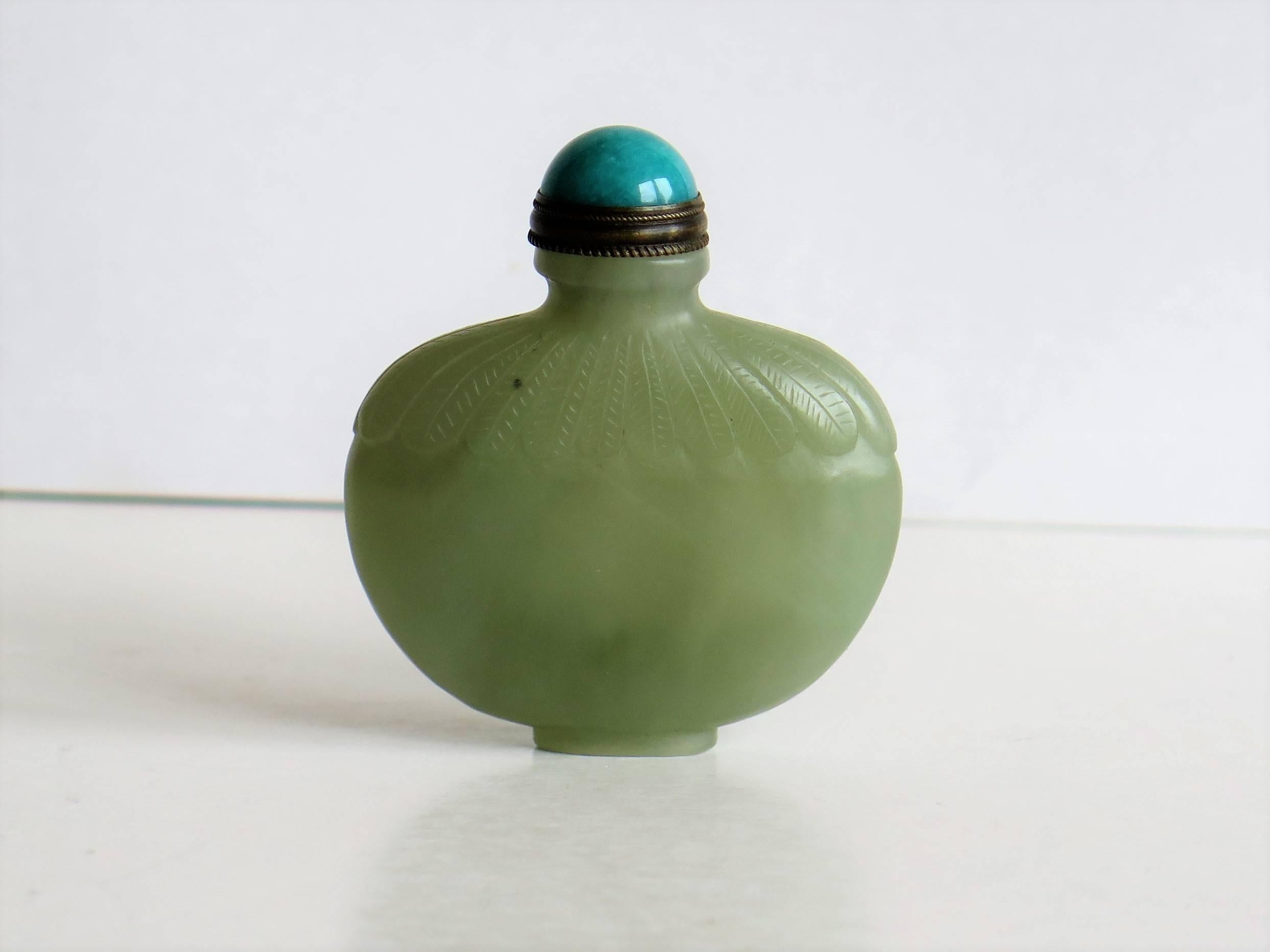 Hand-Carved Fine Chinese Snuff Bottle Hand Carved Celadon Jade with spoon top, Circa 1920