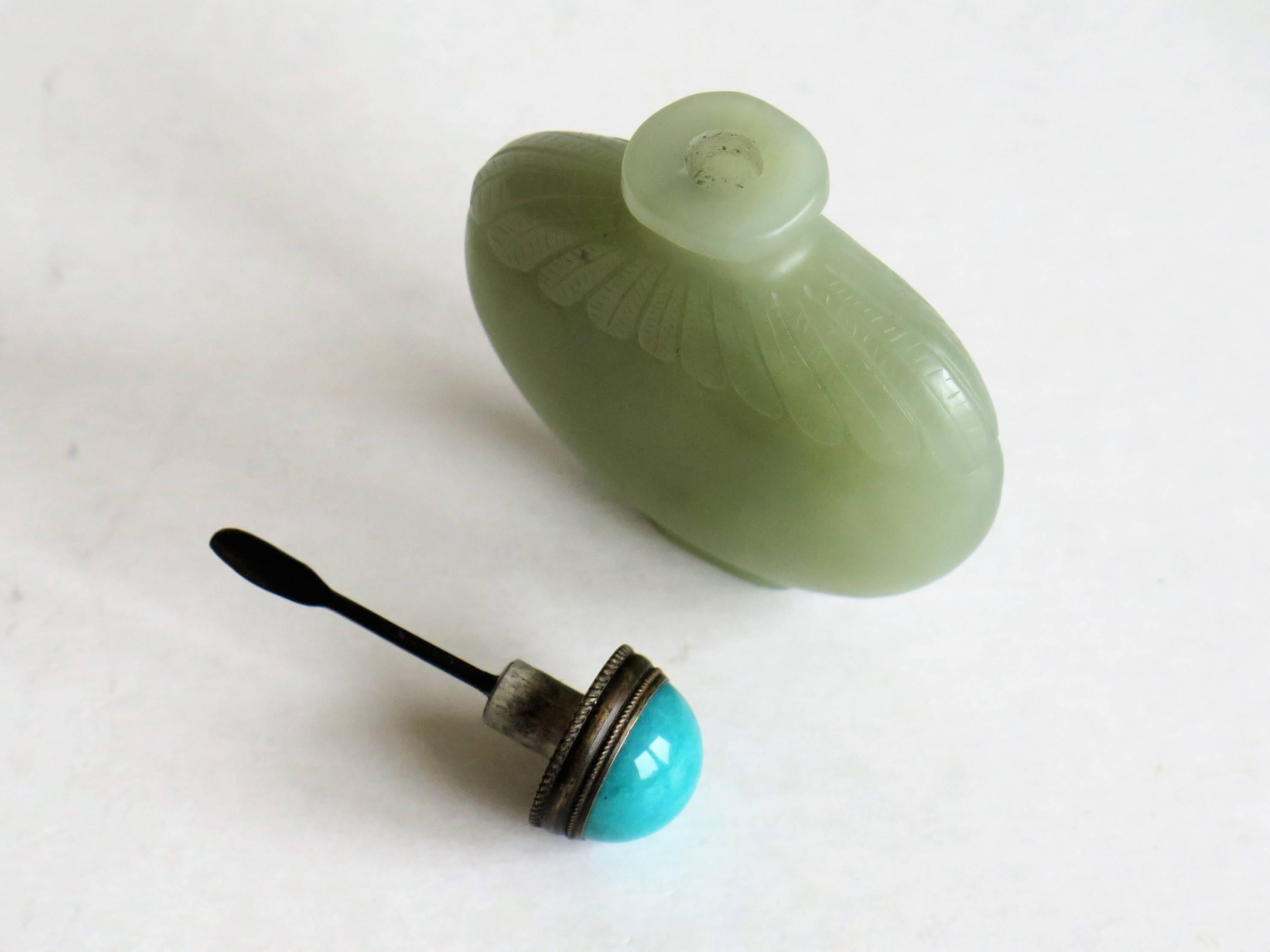 20th Century Fine Chinese Snuff Bottle Hand Carved Celadon Jade with spoon top, Circa 1920