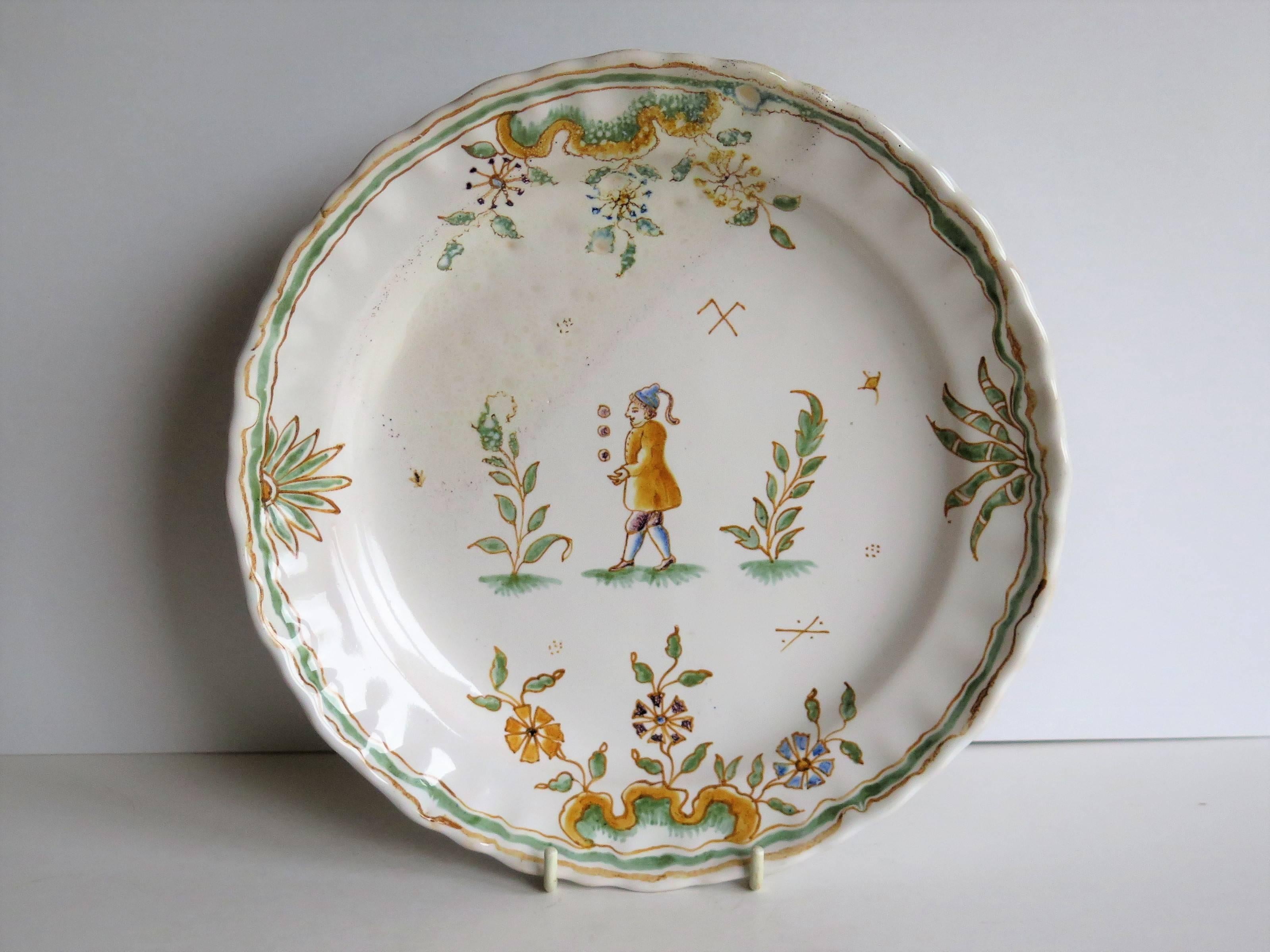 French Provincial Late 18th Century, Faience Dish or Plate, Hand-Painted Juggler, circa 1790