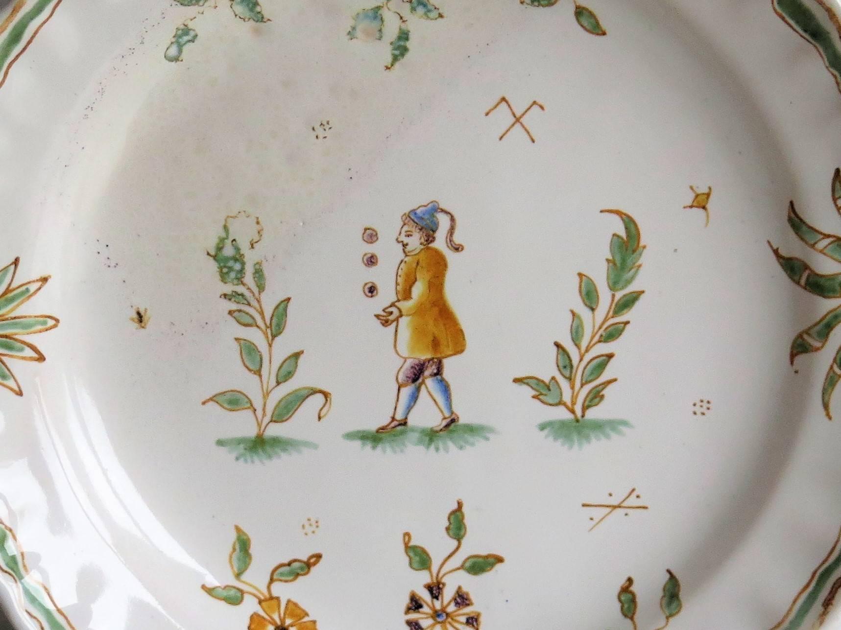 French Late 18th Century, Faience Dish or Plate, Hand-Painted Juggler, circa 1790