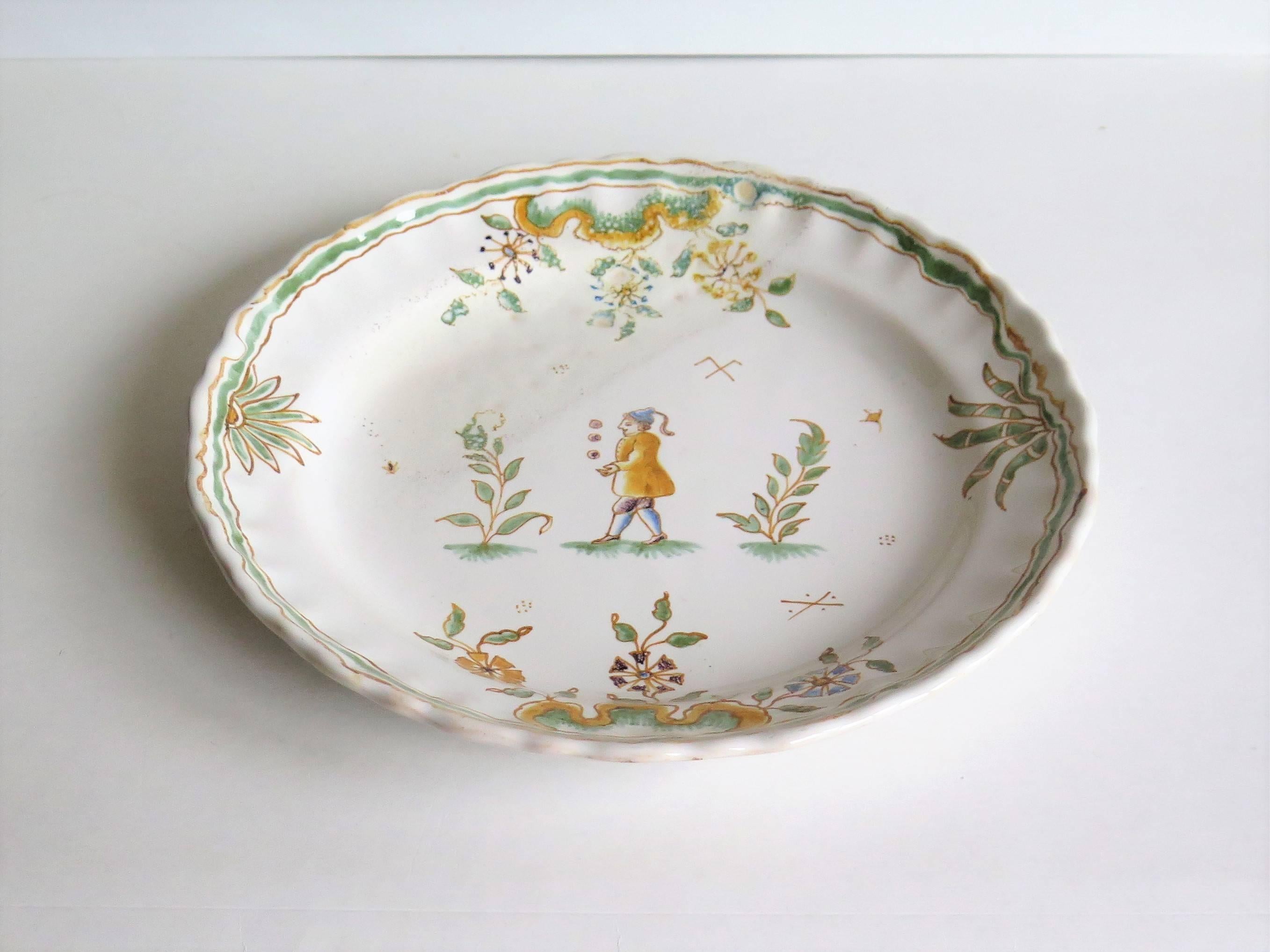 Pottery Late 18th Century, Faience Dish or Plate, Hand-Painted Juggler, circa 1790