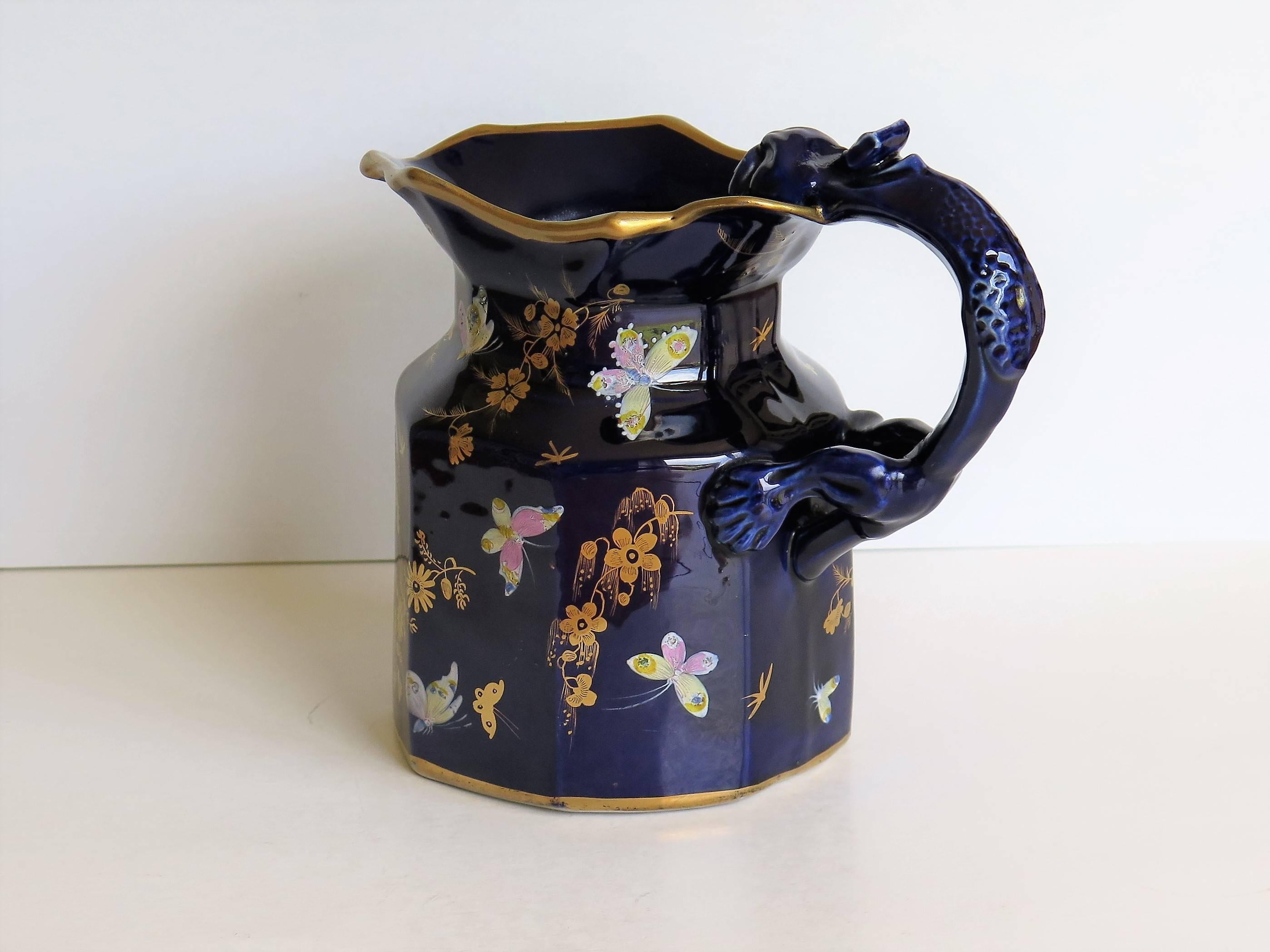 Chinoiserie Early Mason's Jug or Pitcher, Ironstone, Hand-Painted Butterflies, circa 1825