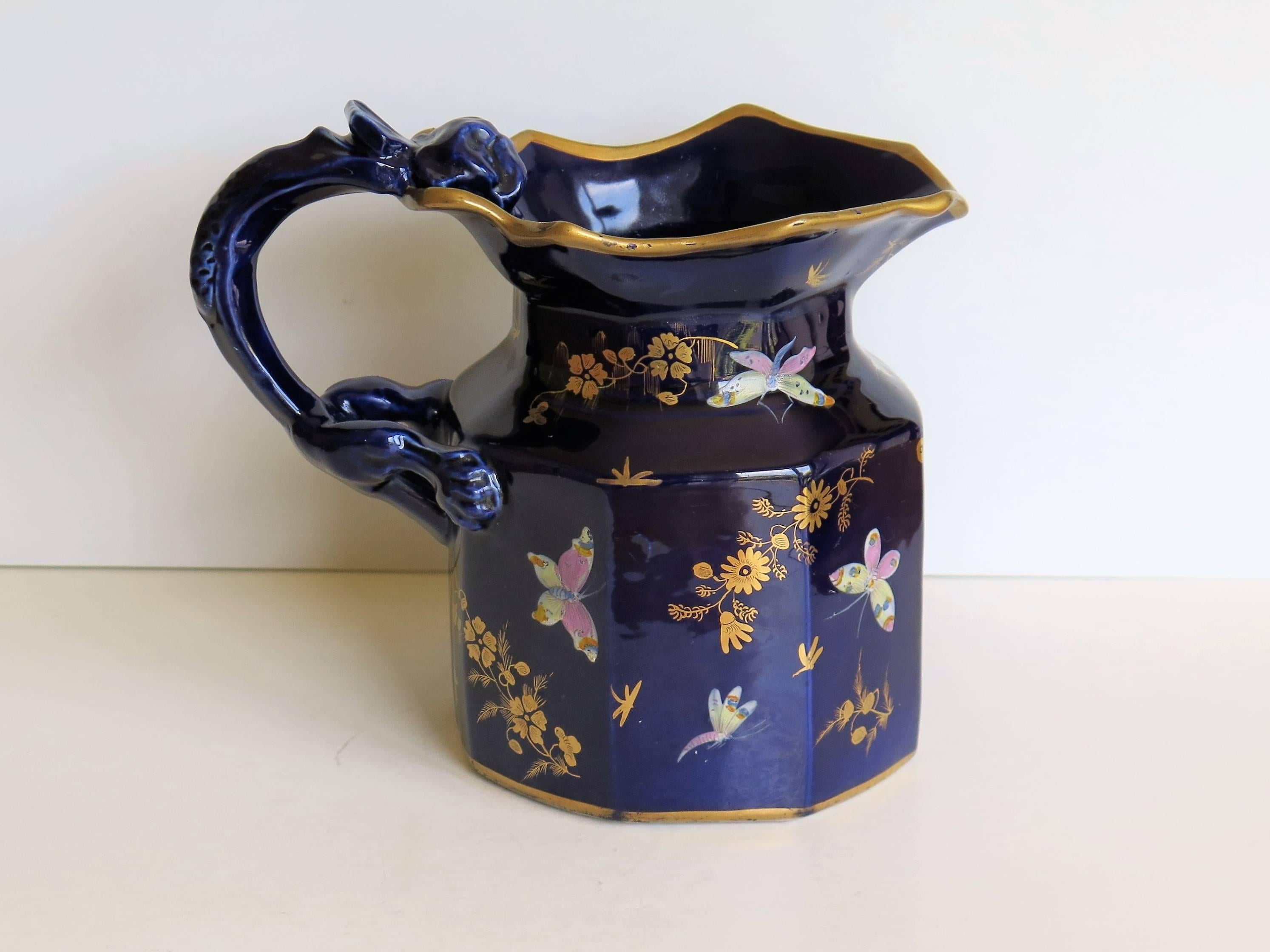 English Early Mason's Jug or Pitcher, Ironstone, Hand-Painted Butterflies, circa 1825