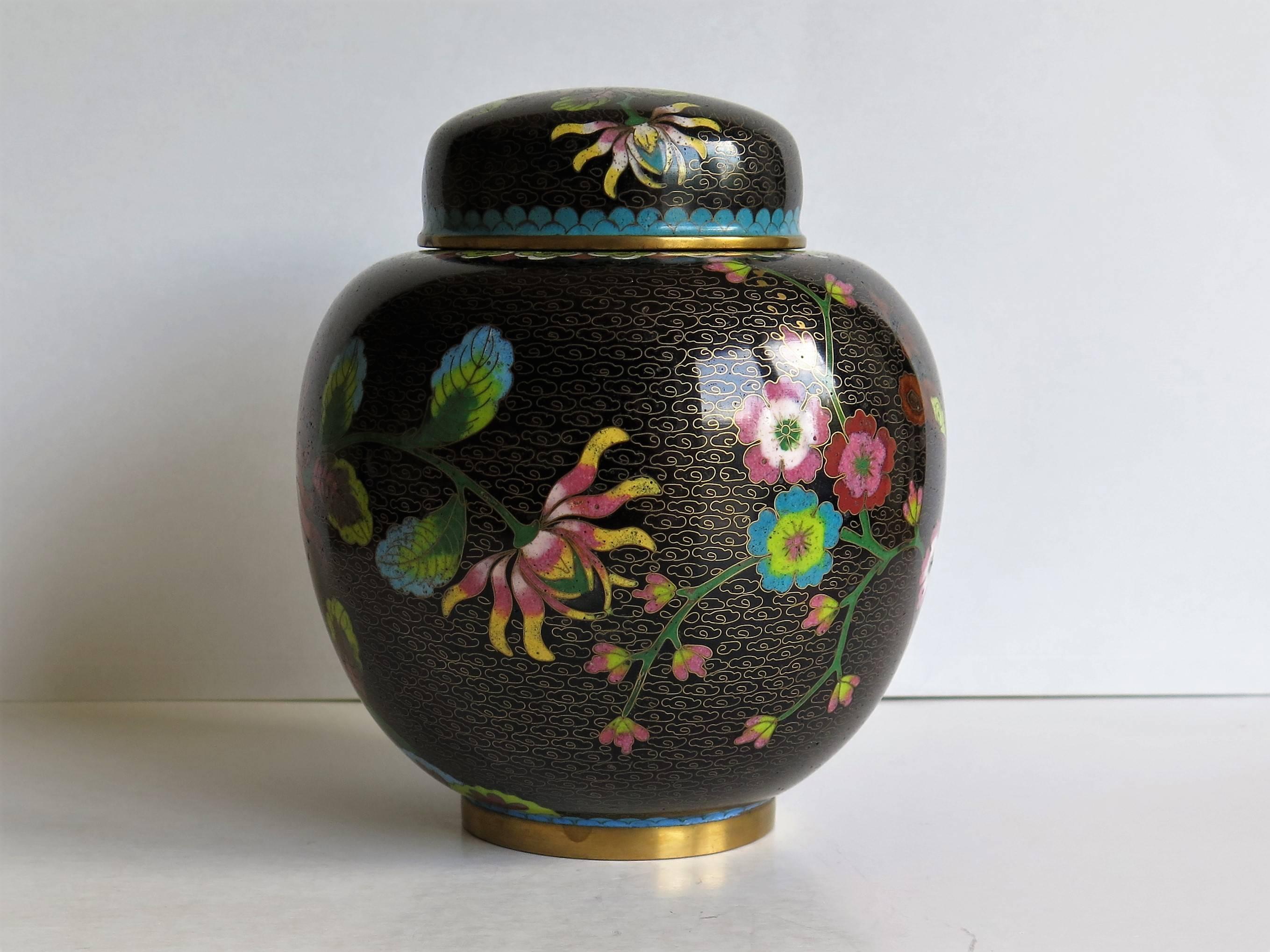 This is a very decorative cloisonné lidded jar or ginger jar, made in China in the late 19th century.

The jar has a curved ovoid shape raised on a short foot. It is beautifully made of bronze with rich colorful enamels, set into a black