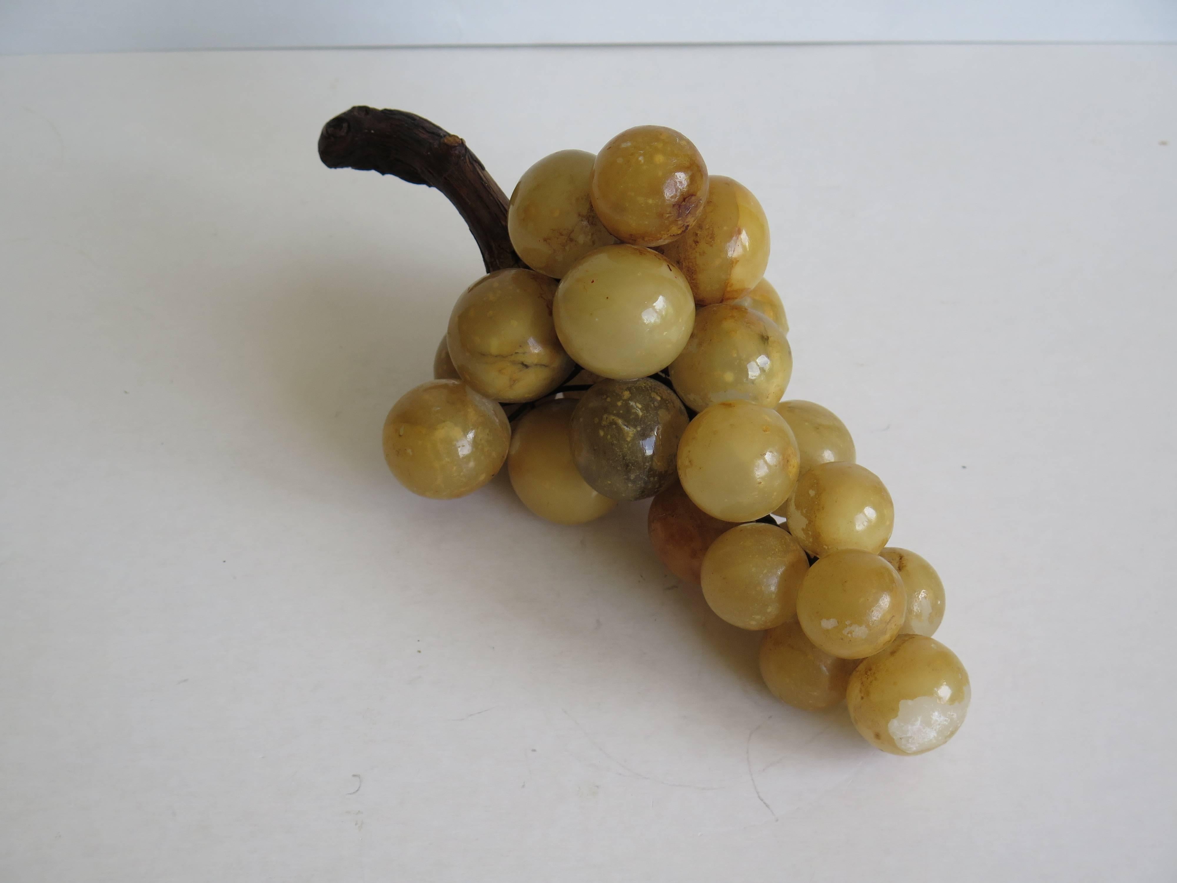 Country Alabaster Stone Grape Cluster Table Decoration Wood Stem, Italian Circa 1920