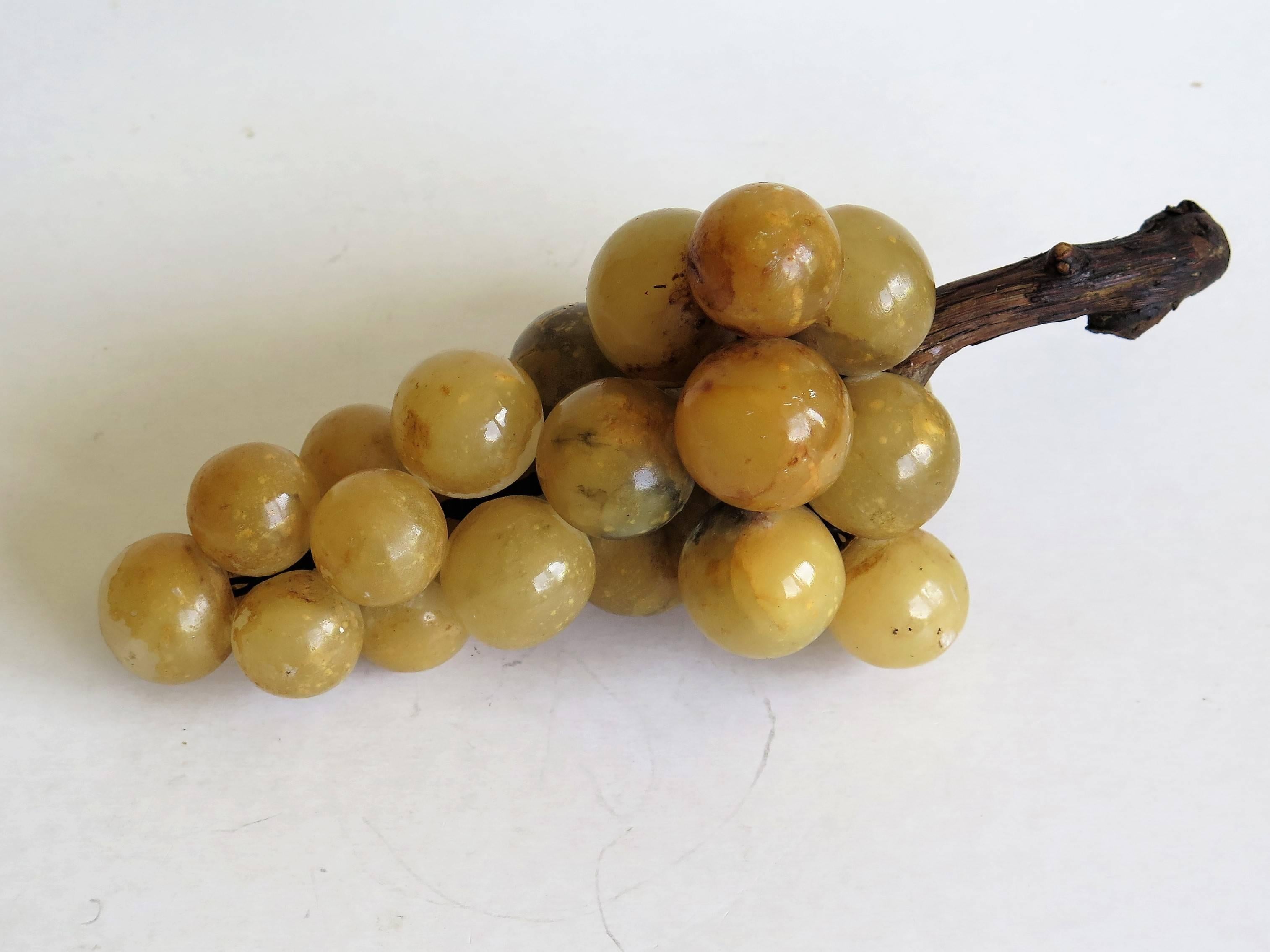 Carved Alabaster Stone Grape Cluster Table Decoration Wood Stem, Italian Circa 1920