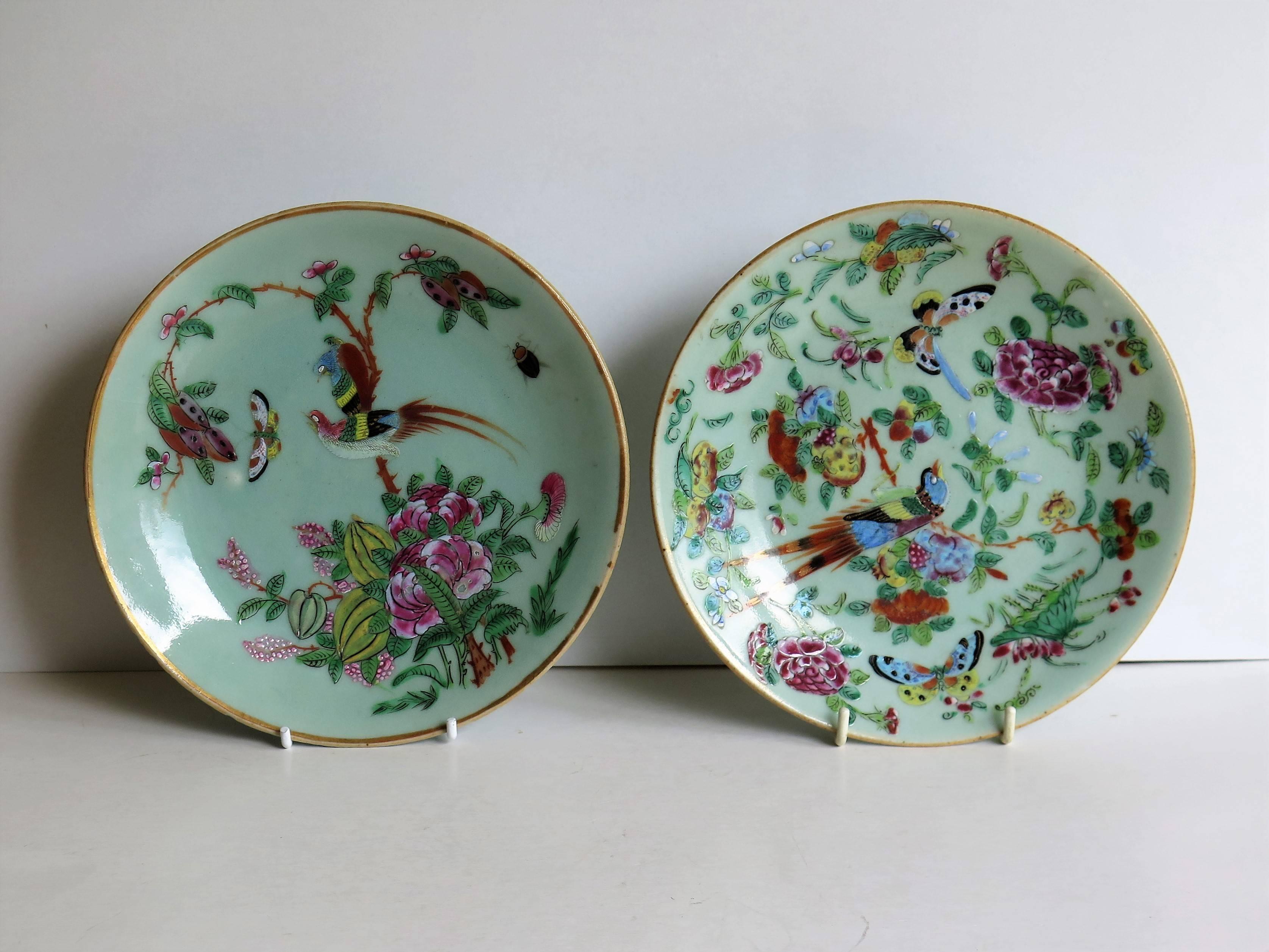 These are two 19th century Chinese export, (Canton) plates or dishes of the same style, type of decoration and size.

Each plate has a light green, Celadon ground with beautifully hand-painted decoration, in over-glaze poly-chrome enamels of the