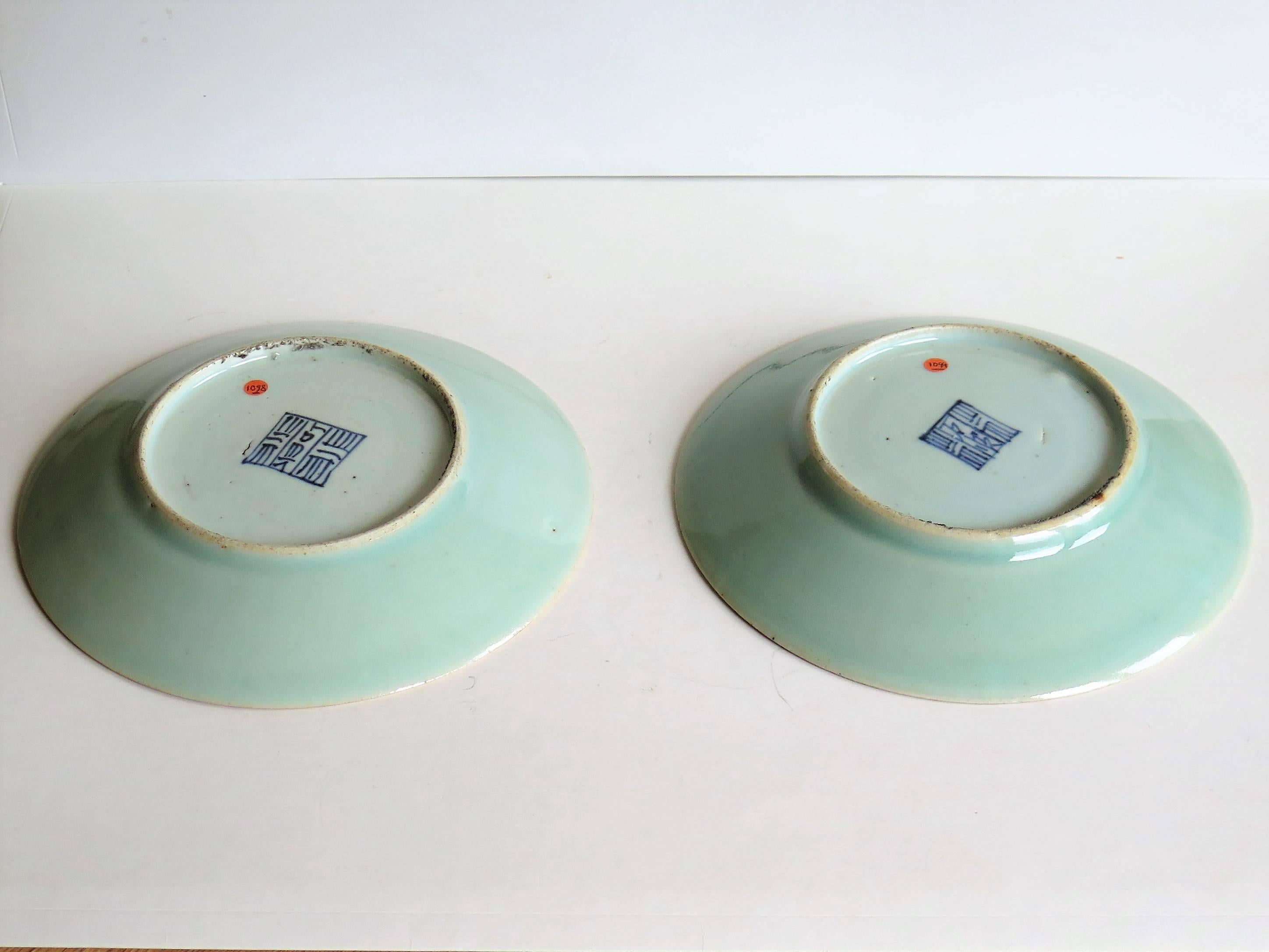 Two Chinese Plates, Porcelain, Celadon, Birds and Butterflies, Qing, circa 1830 3