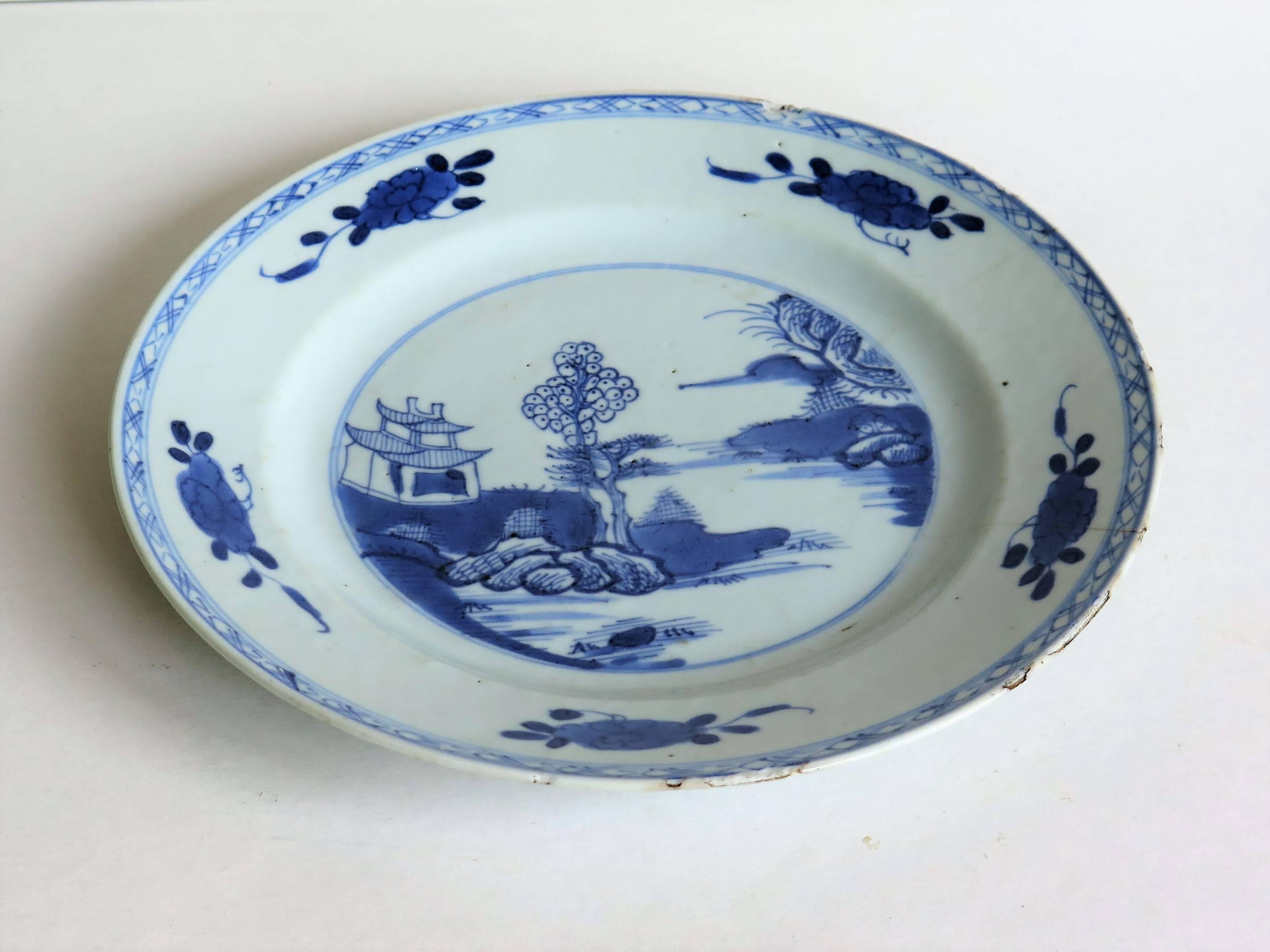 Hand-Painted 18th Century Chinese Plate, Blue and White Porcelain, Pagoda Lake Scene