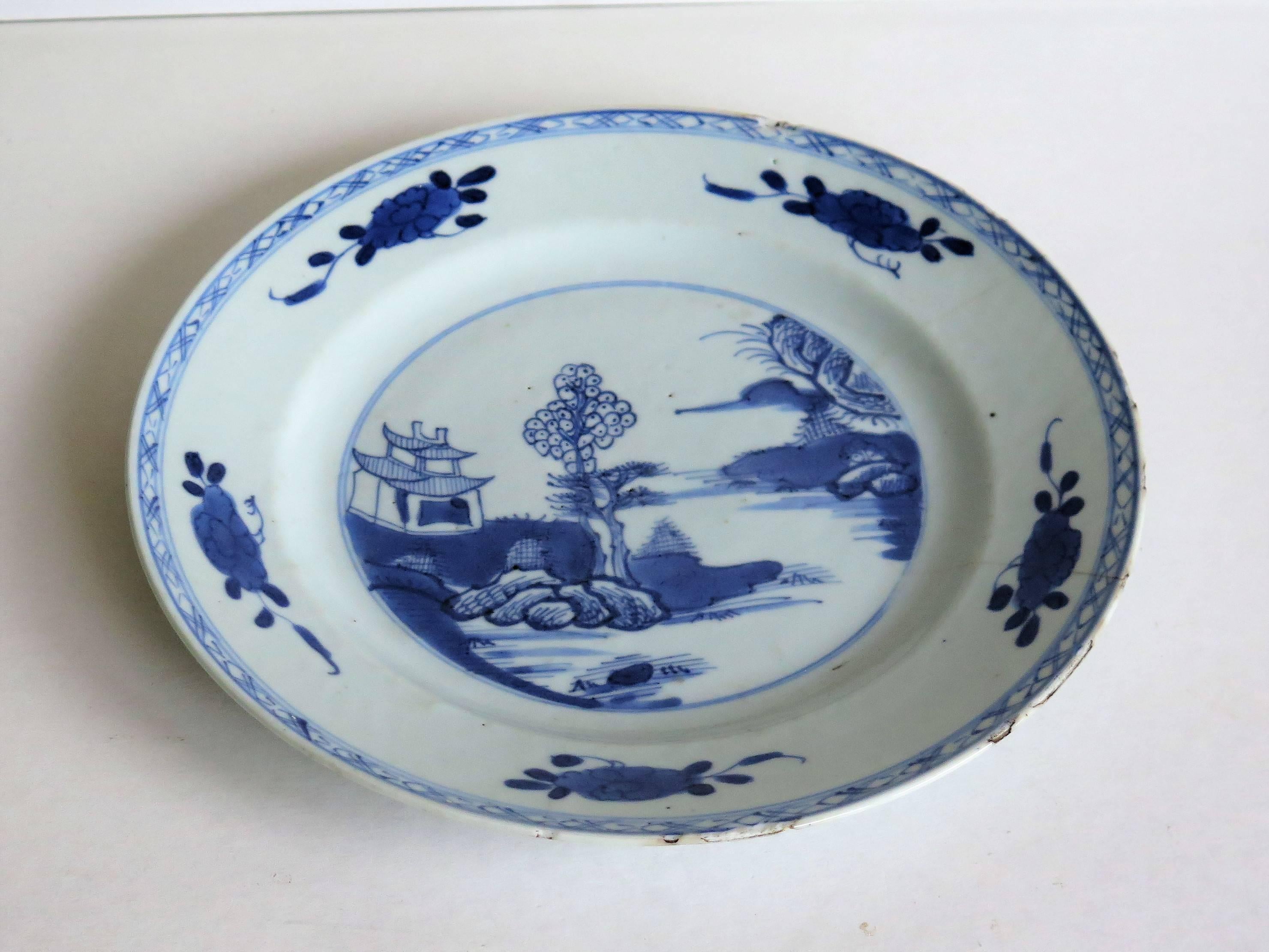 18th Century Chinese Plate, Blue and White Porcelain, Pagoda Lake Scene In Fair Condition In Lincoln, Lincolnshire