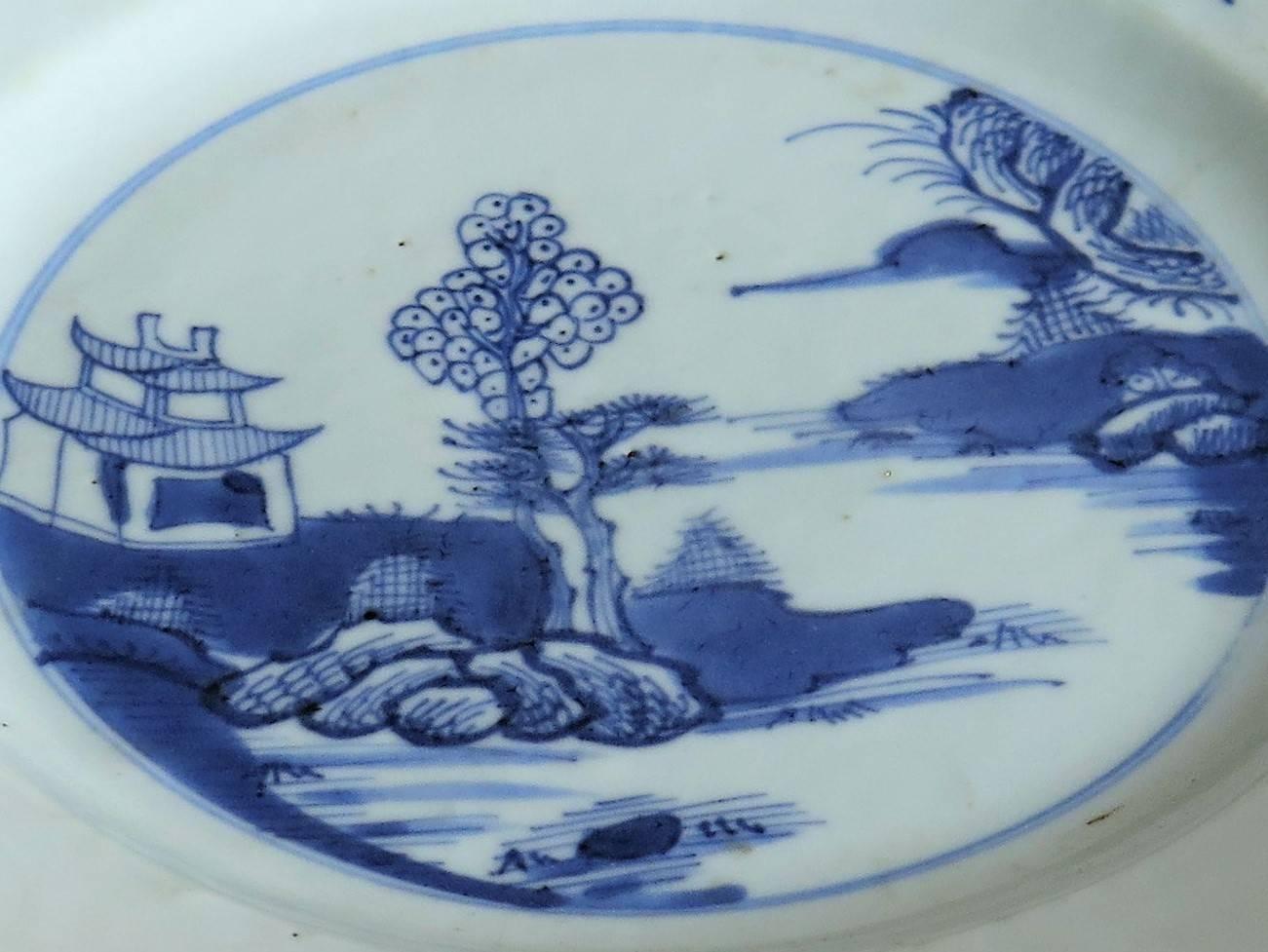 Qing 18th Century Chinese Plate, Blue and White Porcelain, Pagoda Lake Scene