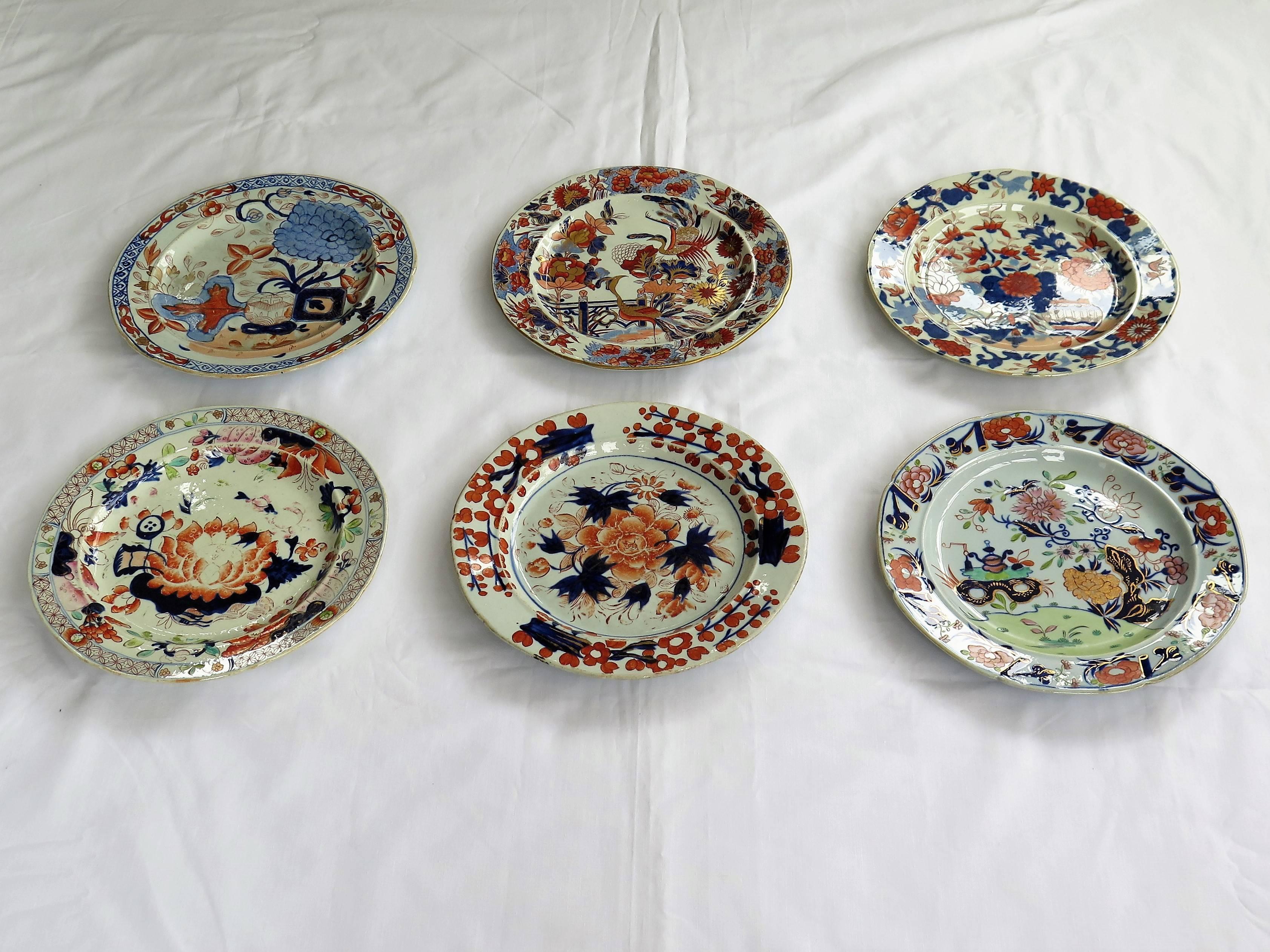This is a harlequin set of six Mason's ironstone dinner plates, all dating to the earliest period between 1813 and 1820. 

All the plates are the same nominal size and shape, but have different patterns and base marks as follows; 

Top row left: