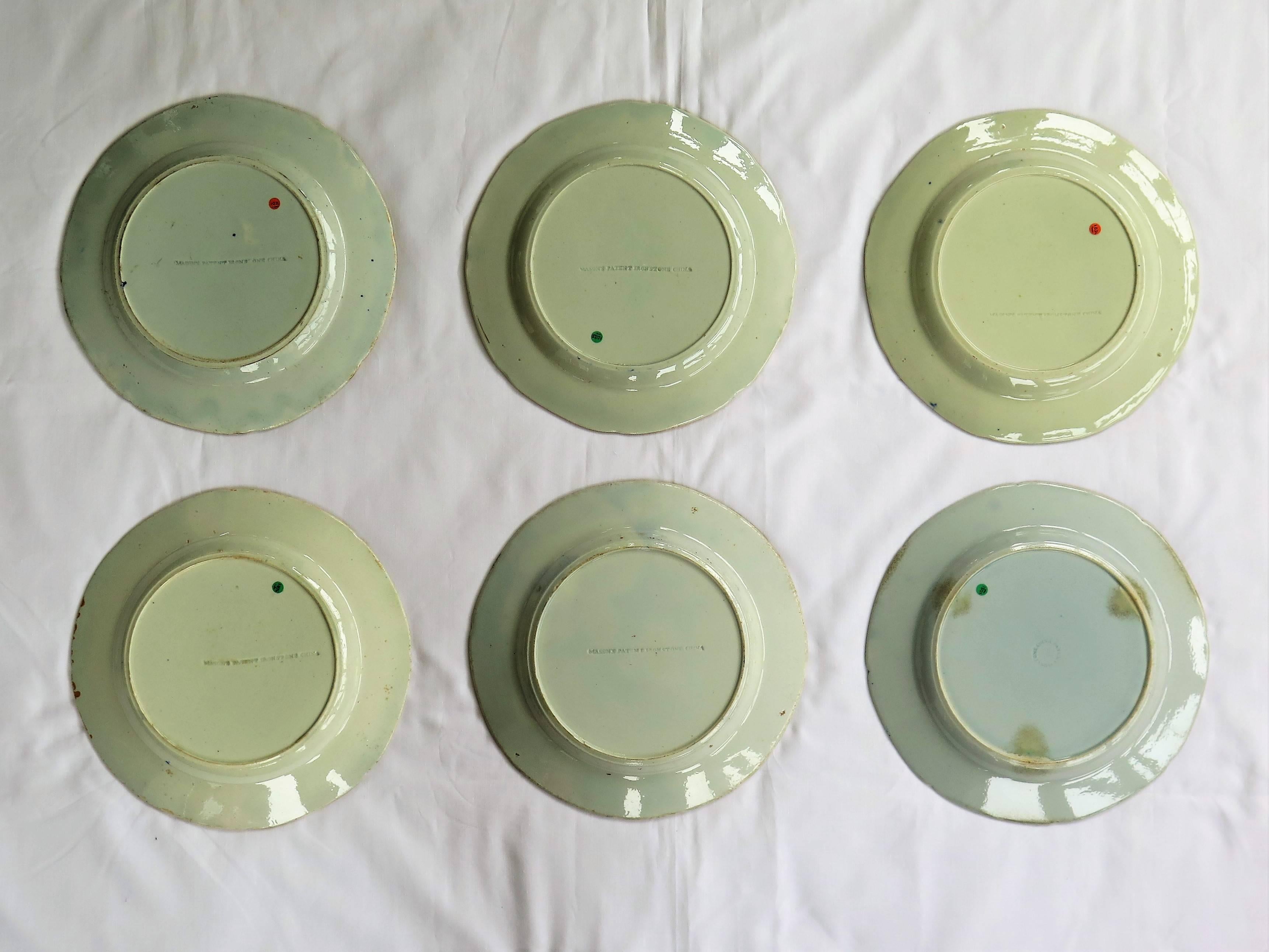 Six Early, Mason's Ironstone Dinner Plates, Harlequin Set, Some Rare, circa 1815 2
