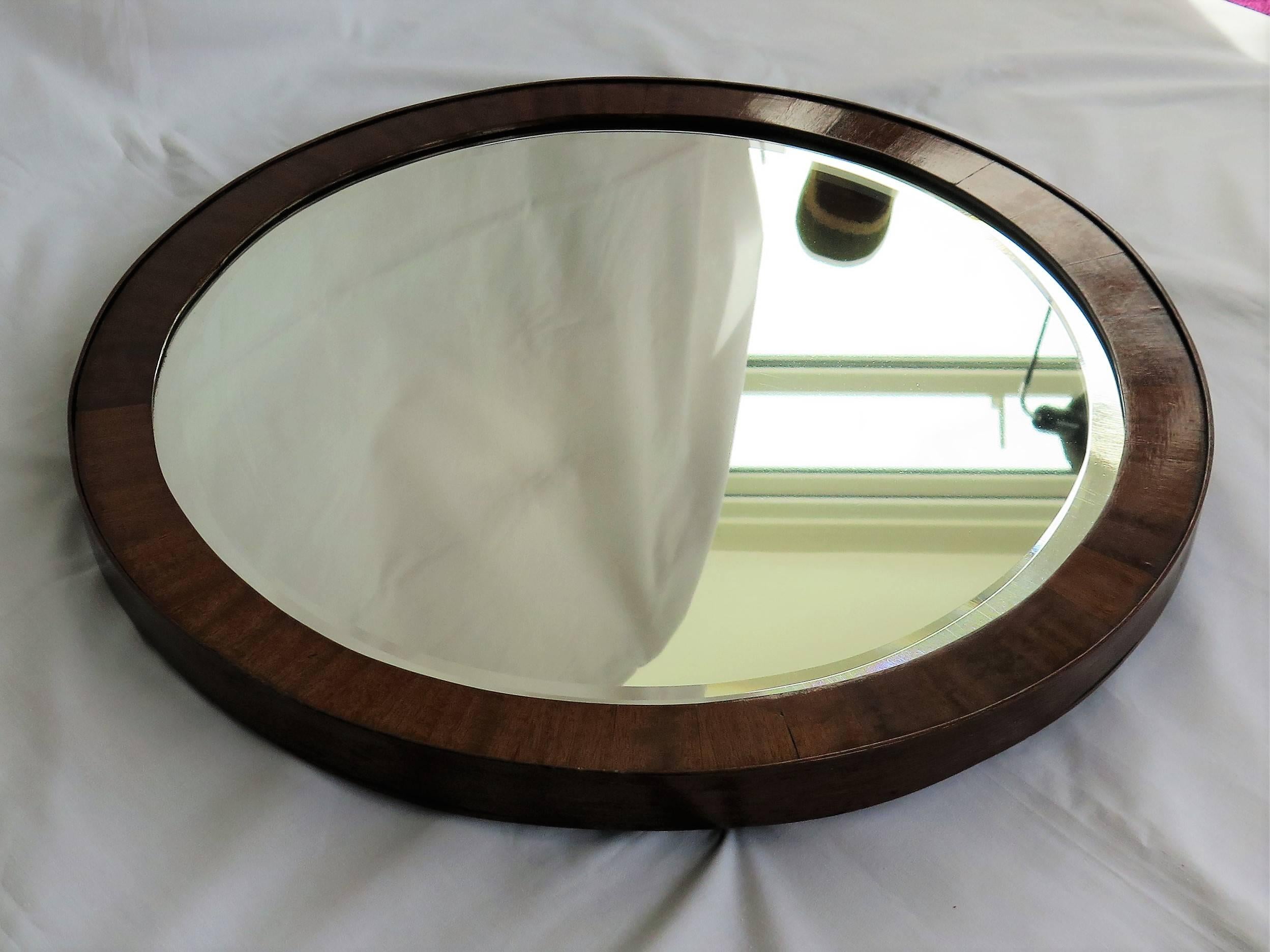 19th Century English Round Wall Mirror Cross Banded Mahogany Frame Bevel Glass 1