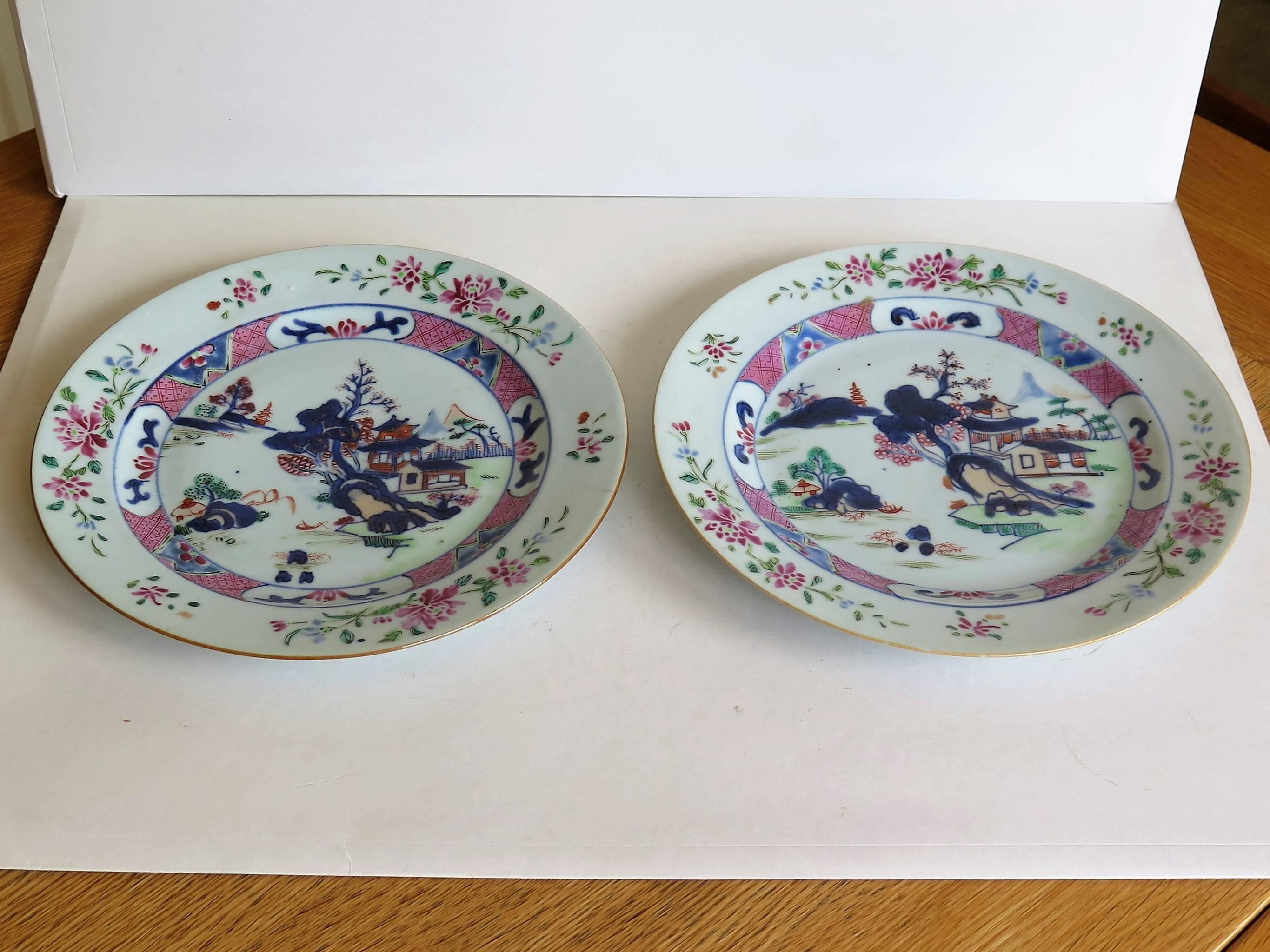 PAIR Chinese 18thC Plates porcelain Famile Rose, Qing Qianlong Circa 1760 1
