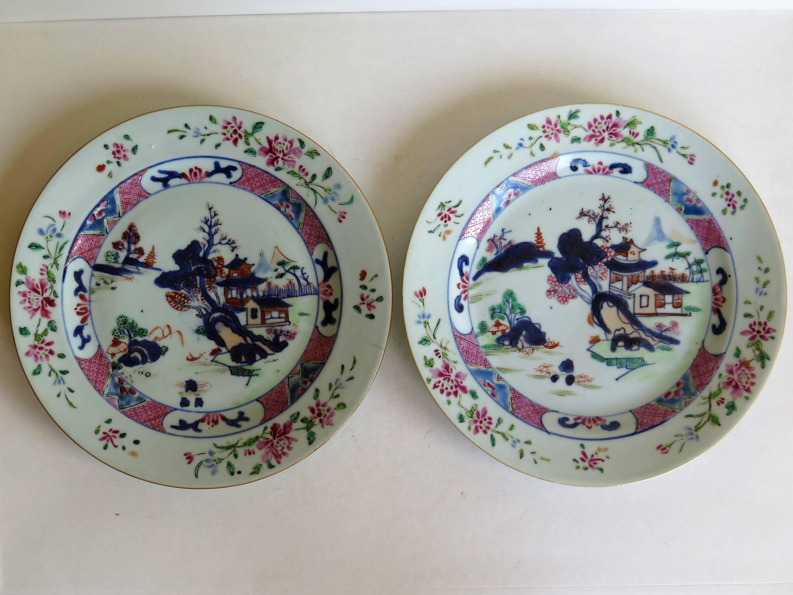 These are a very good pair of mid 18th century, Chinese Export porcelain plates, which we date to the Qing, Qianlong period (1736-1795), circa 1760.

The plates are nicely hand decorated with the typical enamel colours of the Famille-rose palette of