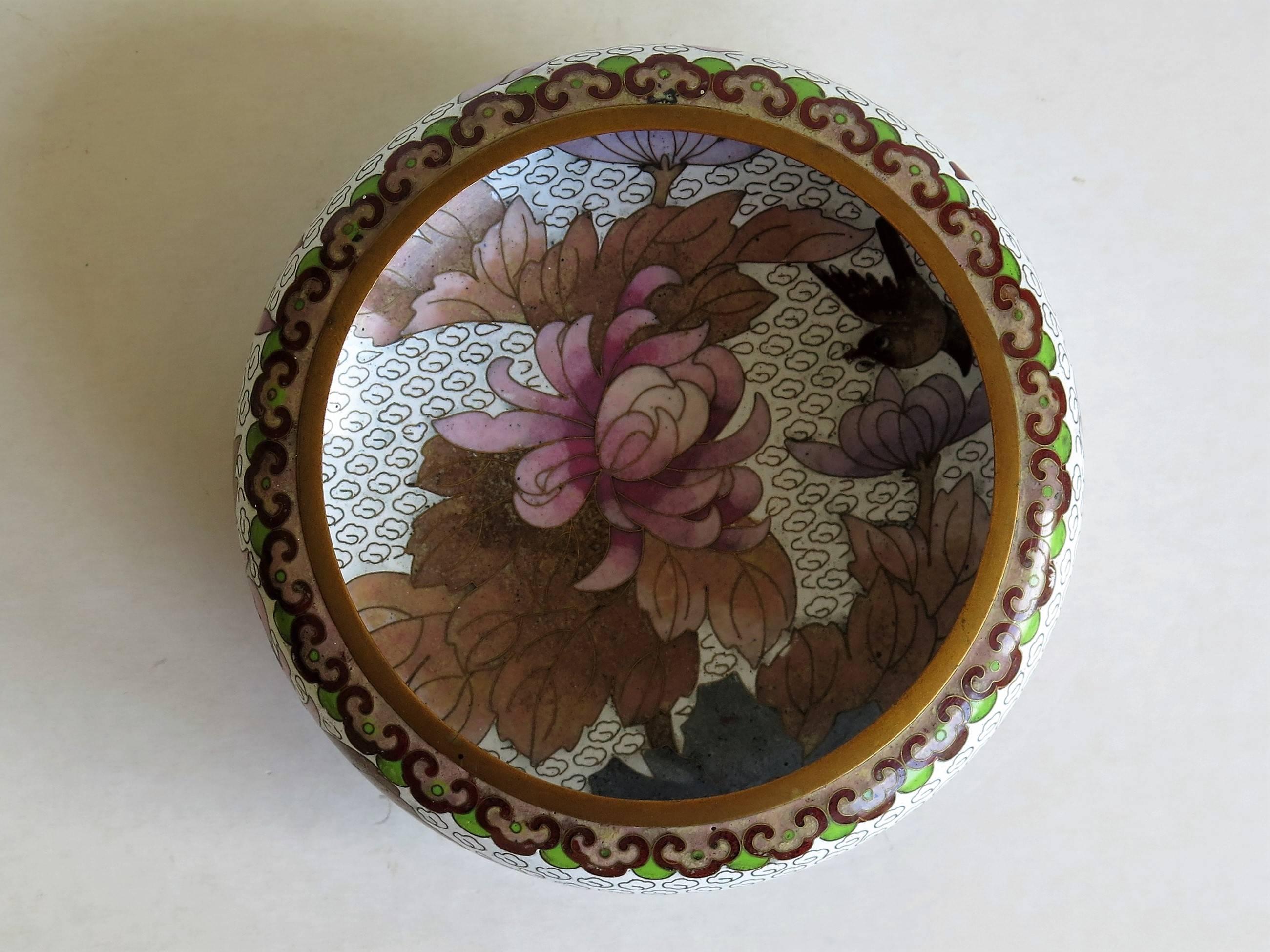 Cloissoné Chinese Cloisonné Bowl Peonies and Birds pattern Ruji Head Border, Circa 1920