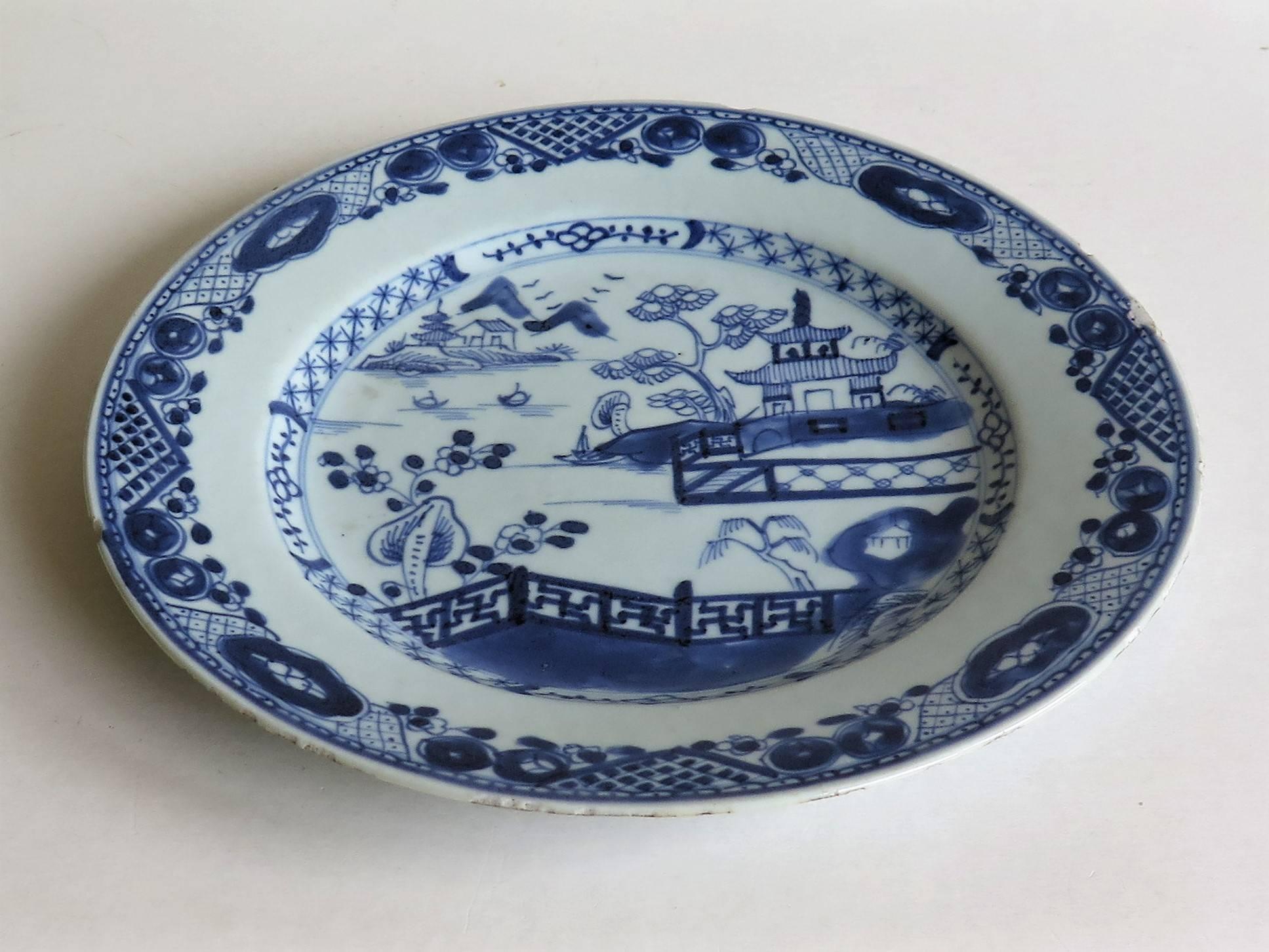 Hand-Painted 18th Century Chinese Blue and White Porcelain Plate, Lakeside Scene, circa 1780