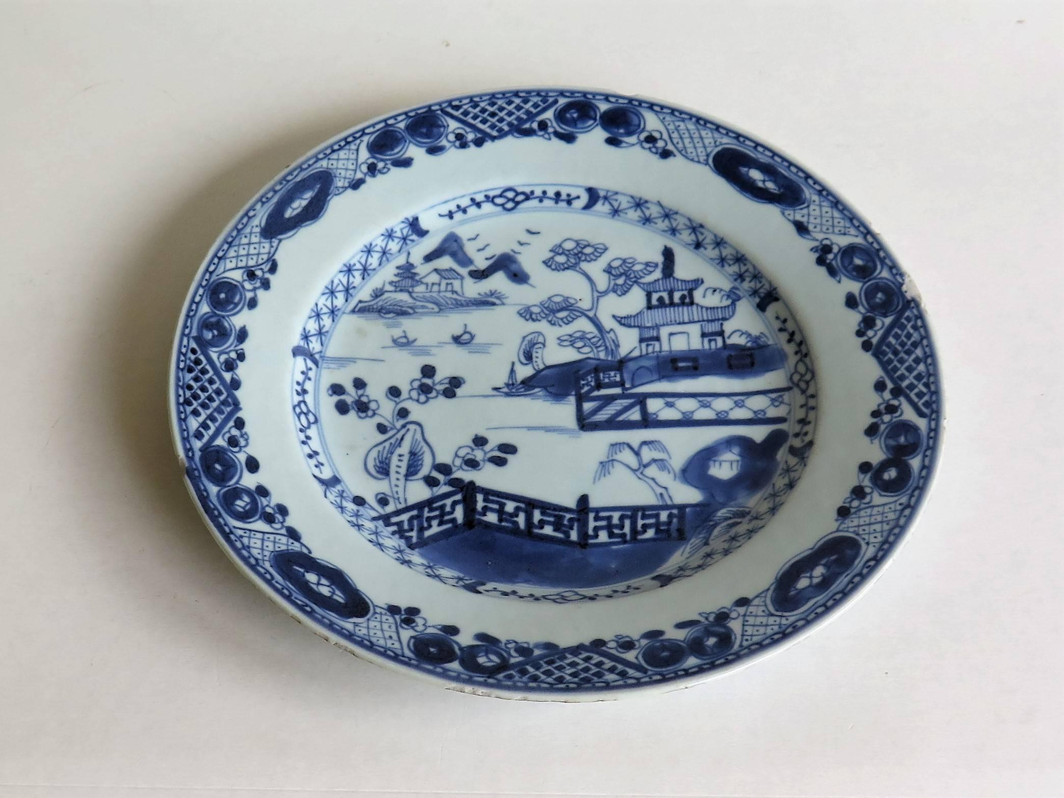 Qing 18th Century Chinese Blue and White Porcelain Plate, Lakeside Scene, circa 1780