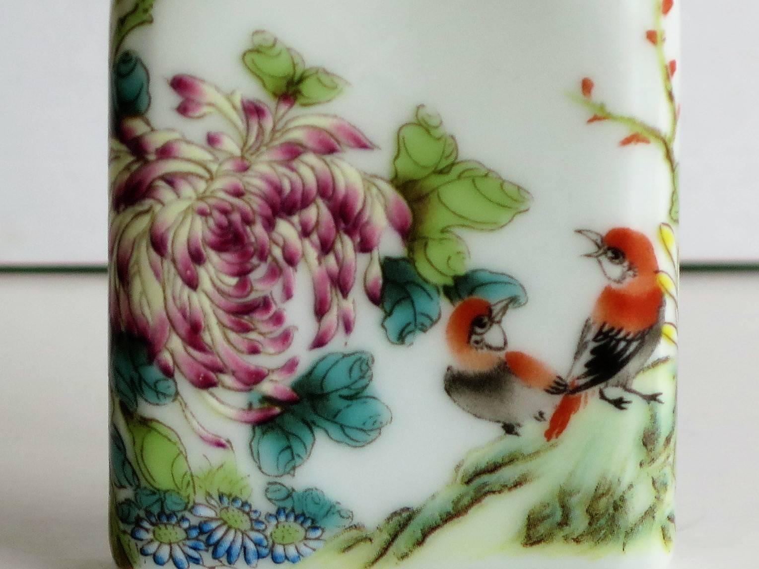 Chinese Porcelain Snuff Bottle Hand-Painted Birds and Flowers, Circa 1940s 3