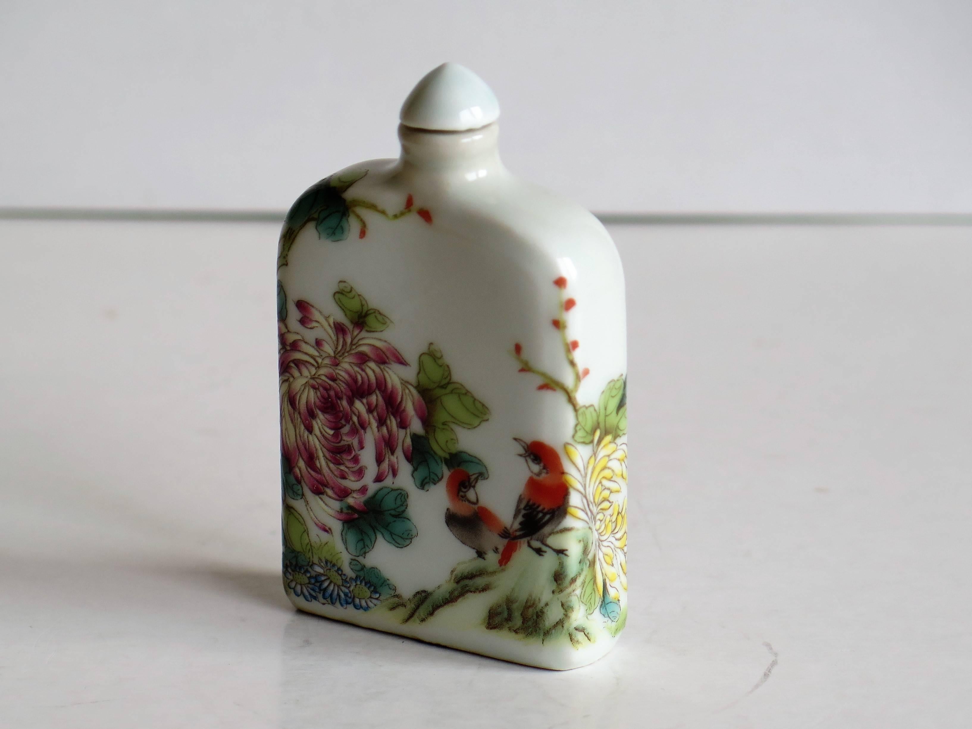 Chinese Porcelain Snuff Bottle Hand-Painted Birds and Flowers, Circa 1940s 1