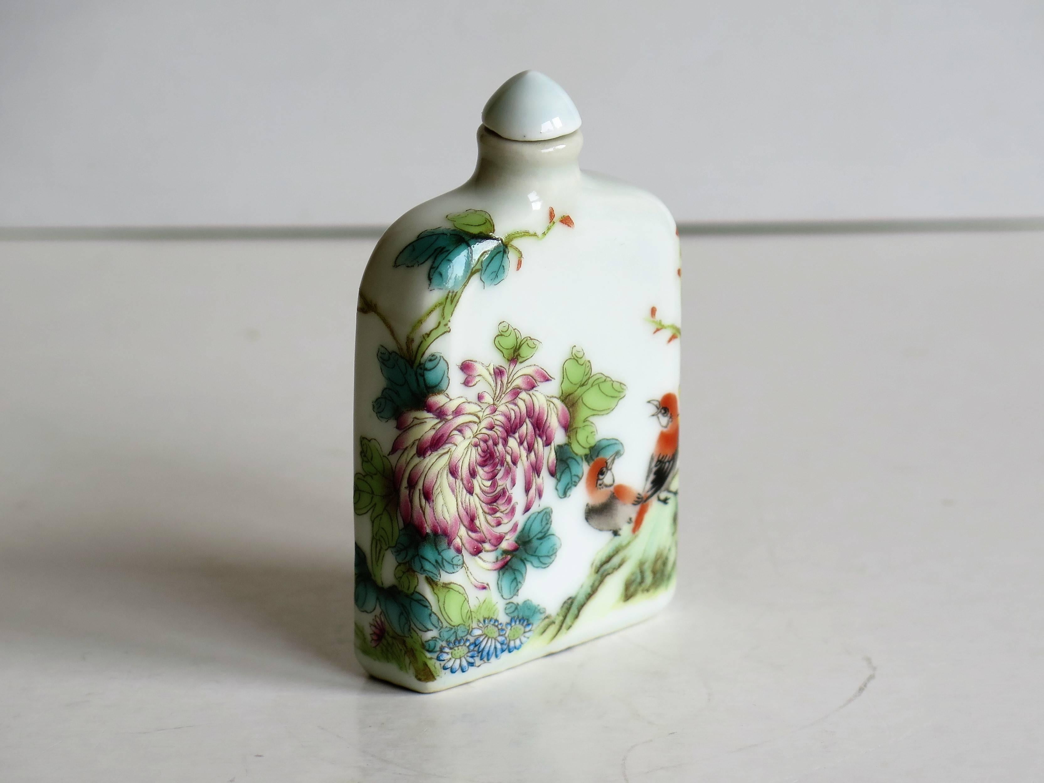 Chinese Porcelain Snuff Bottle Hand-Painted Birds and Flowers, Circa 1940s 2