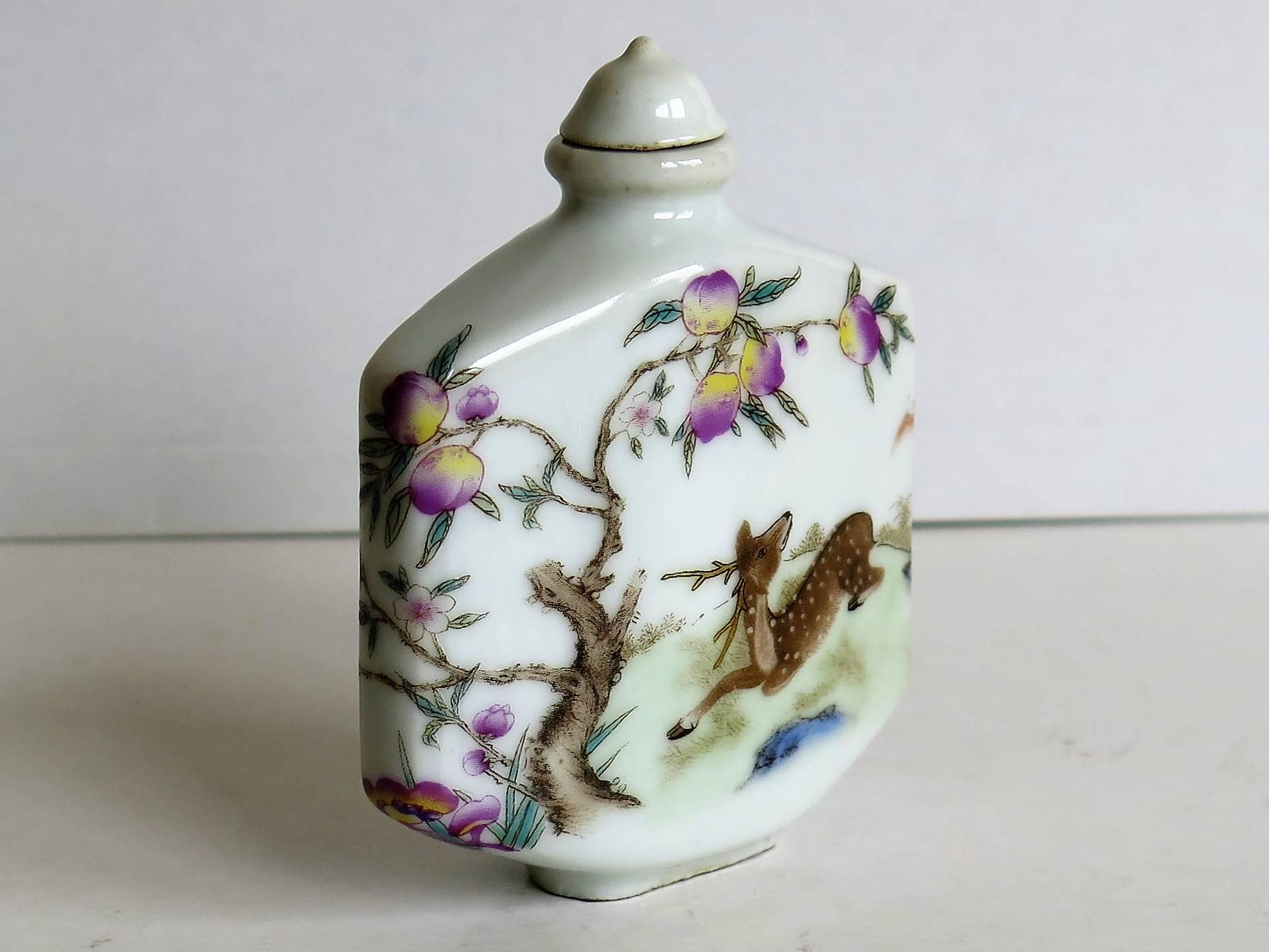 Chinese Porcelain Snuff Bottle Hand Painted Deer Famille Rose, circa 1940 1