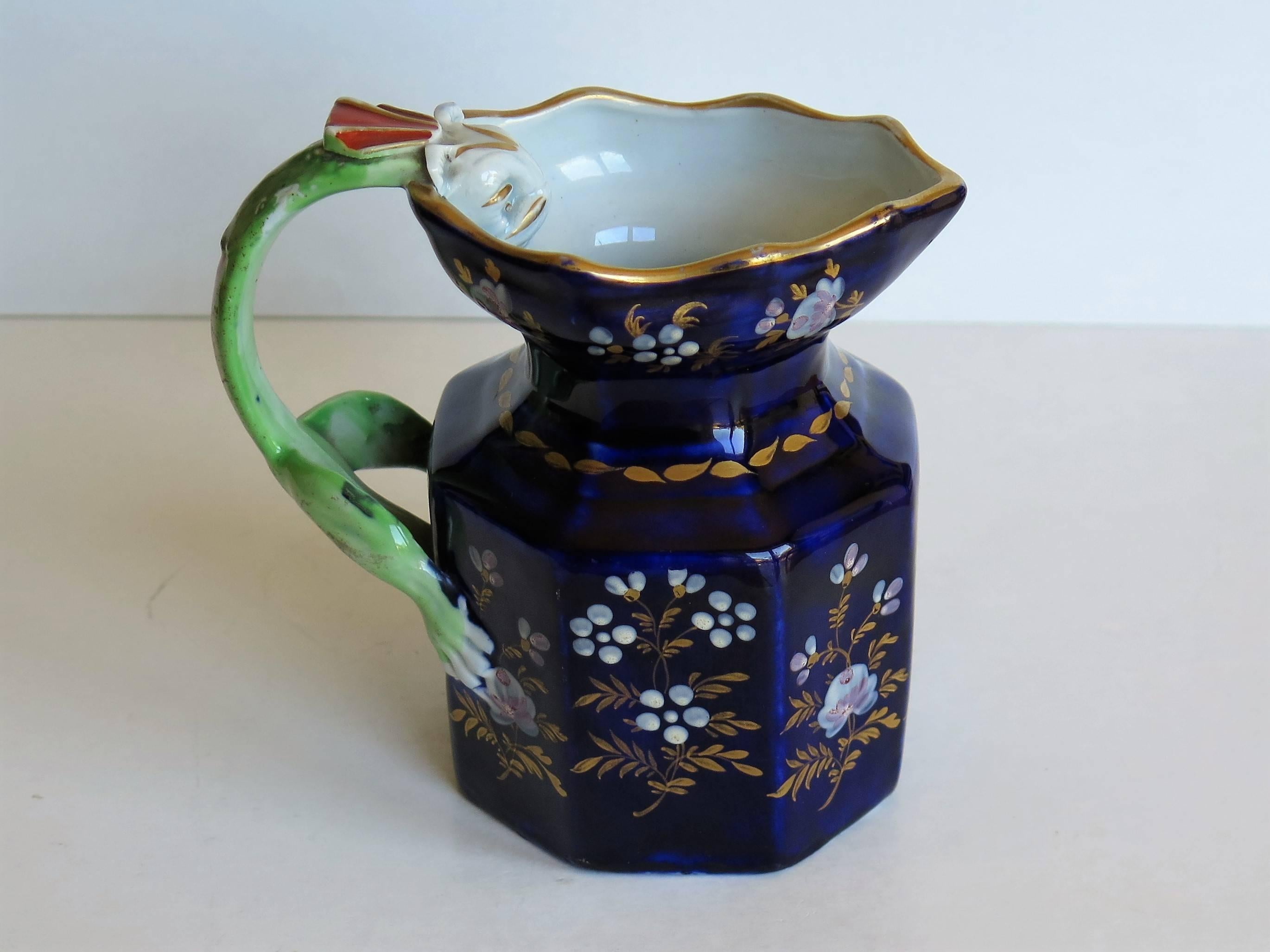  English Ironstone Jug with Dragon Handle Hand painted and Gilded, Ca 1820 In Good Condition In Lincoln, Lincolnshire