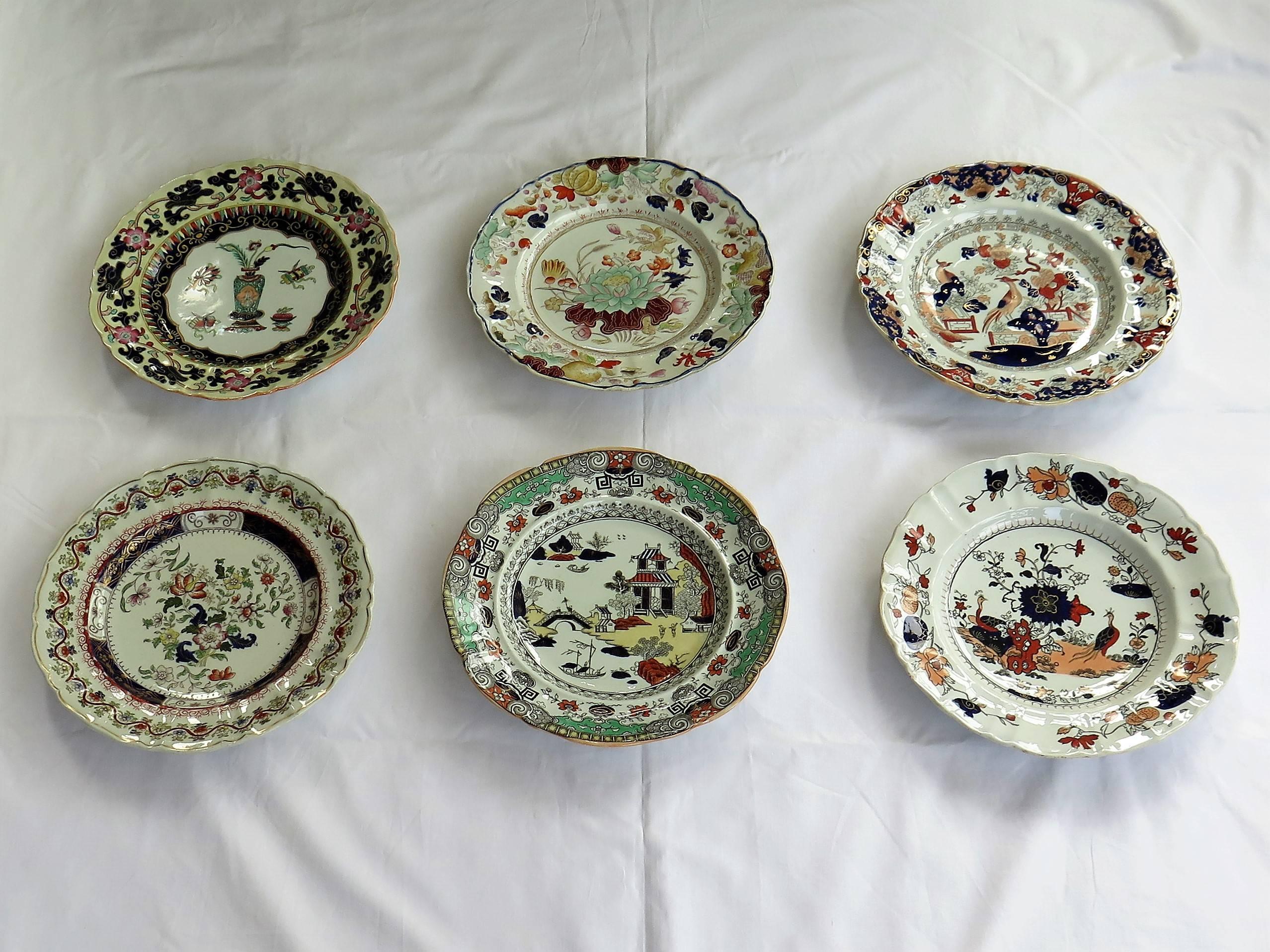 This is a harlequin set of six Mason's ironstone, large dinner plates, all dating to the early to mid-19th century, between 1825-1845.

All the plates have a very similar shape and size with some slight variation in height and diameter, with