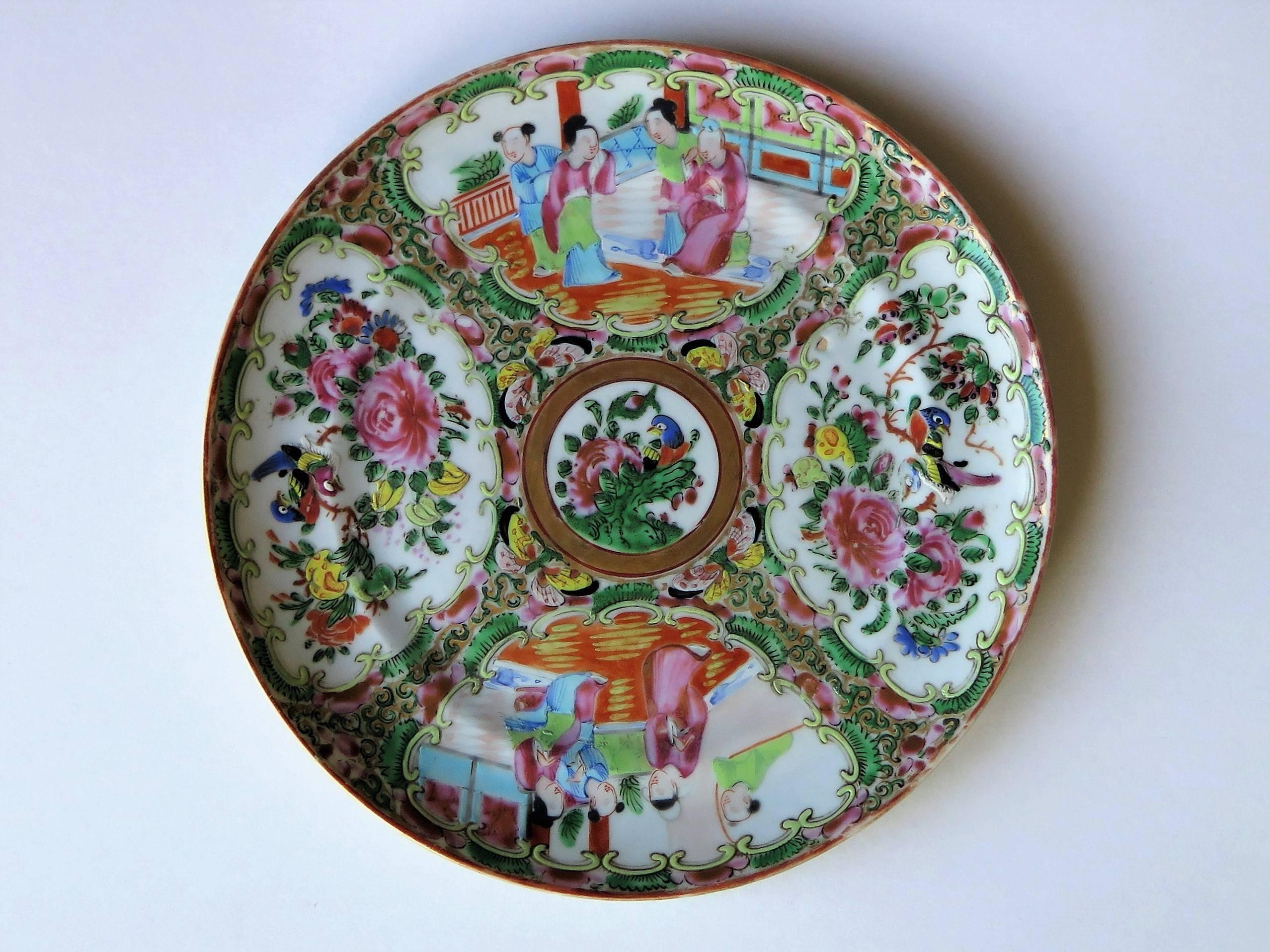 This is a very decorative Chinese export, porcelain, Rose Medallion dish or plate which we date to the 19th century, Qing dynasty, circa 1870.

It is hand-painted in the Canton or Chinese export, rose medallion decoration with four panels consisting