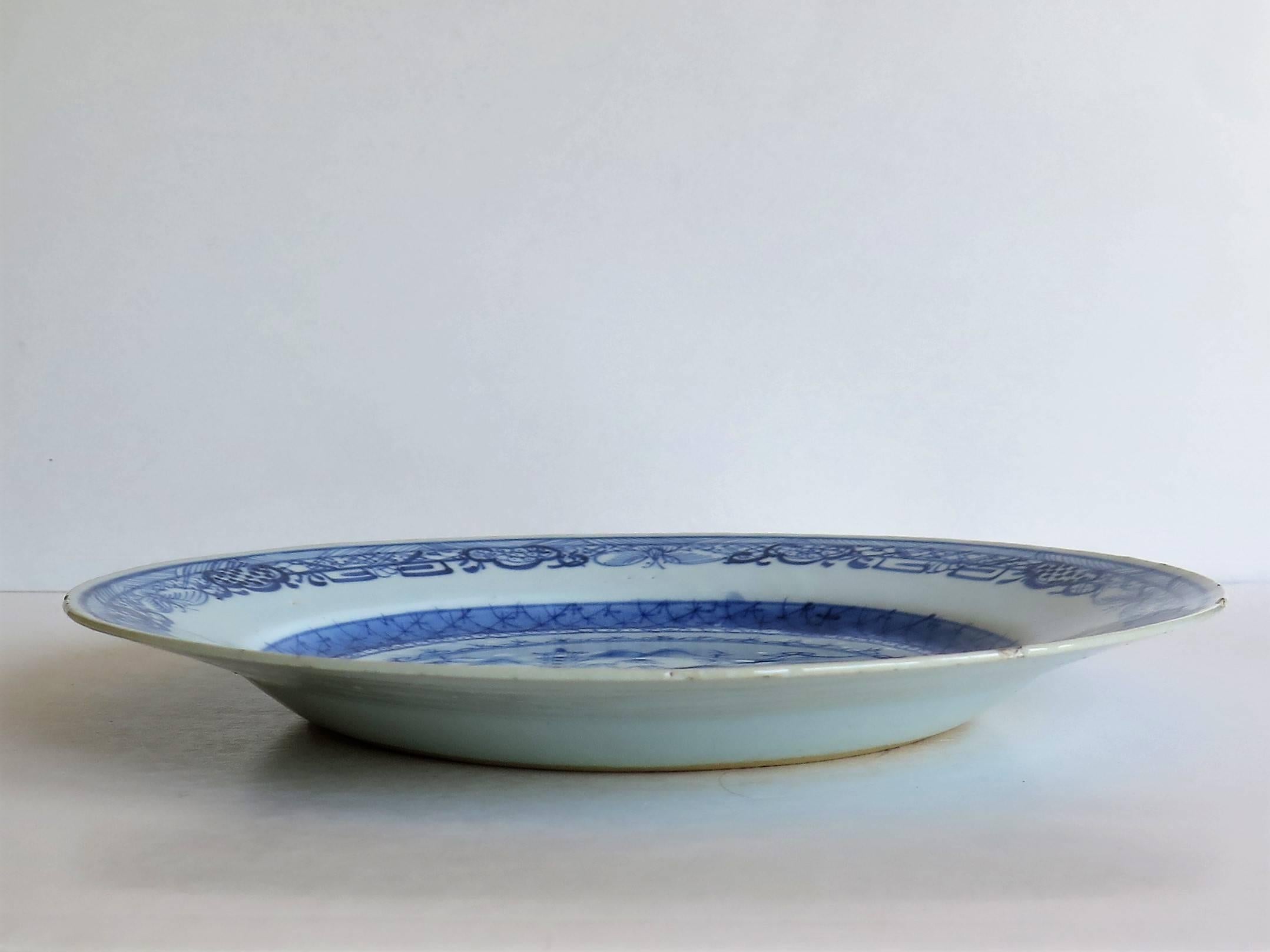 18th Century Chinese Export Blue and White Porcelain Plate, Qing Ca 1780 1