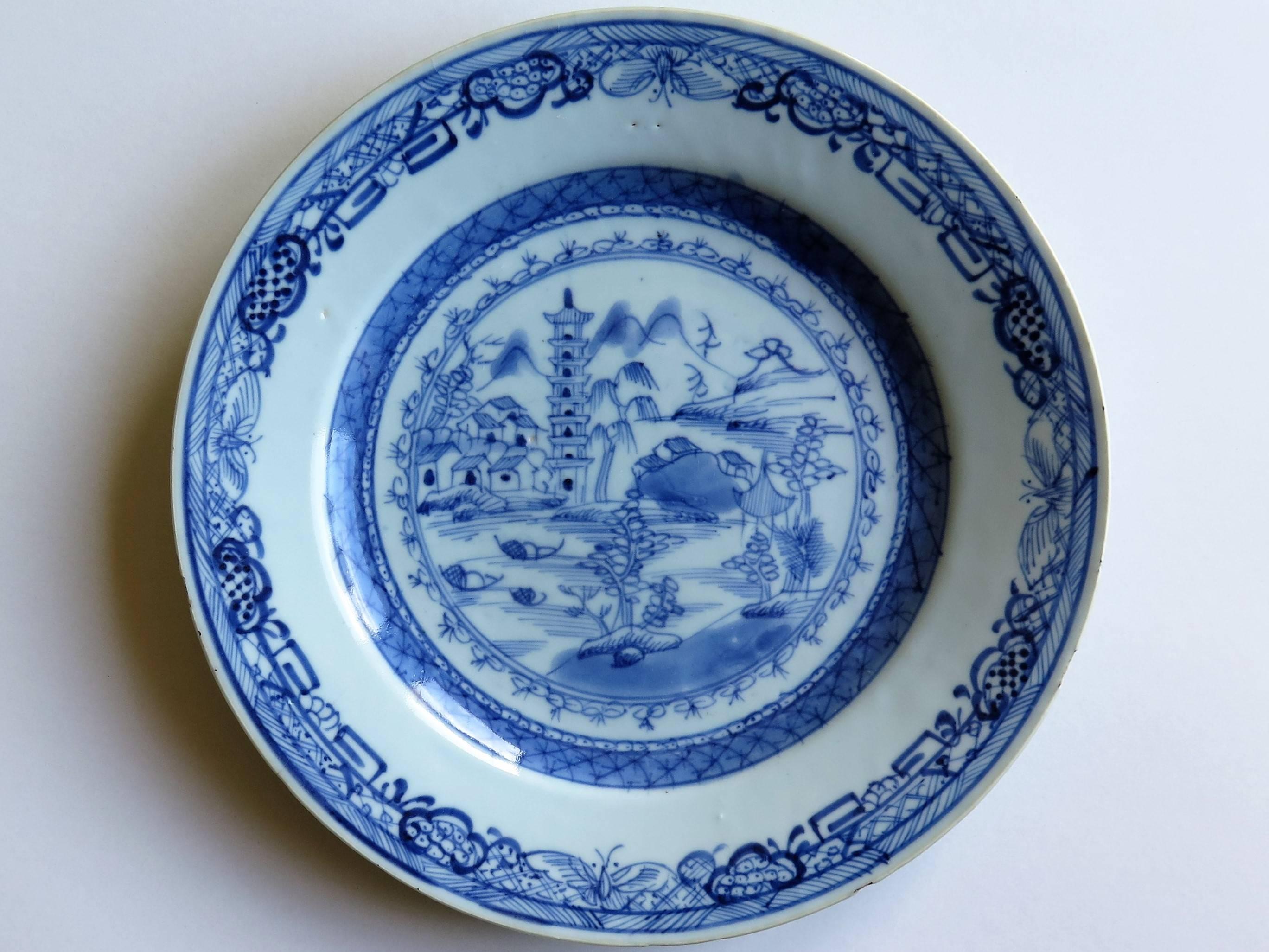 Hand-Painted 18th Century Chinese Export Blue and White Porcelain Plate, Qing Ca 1780