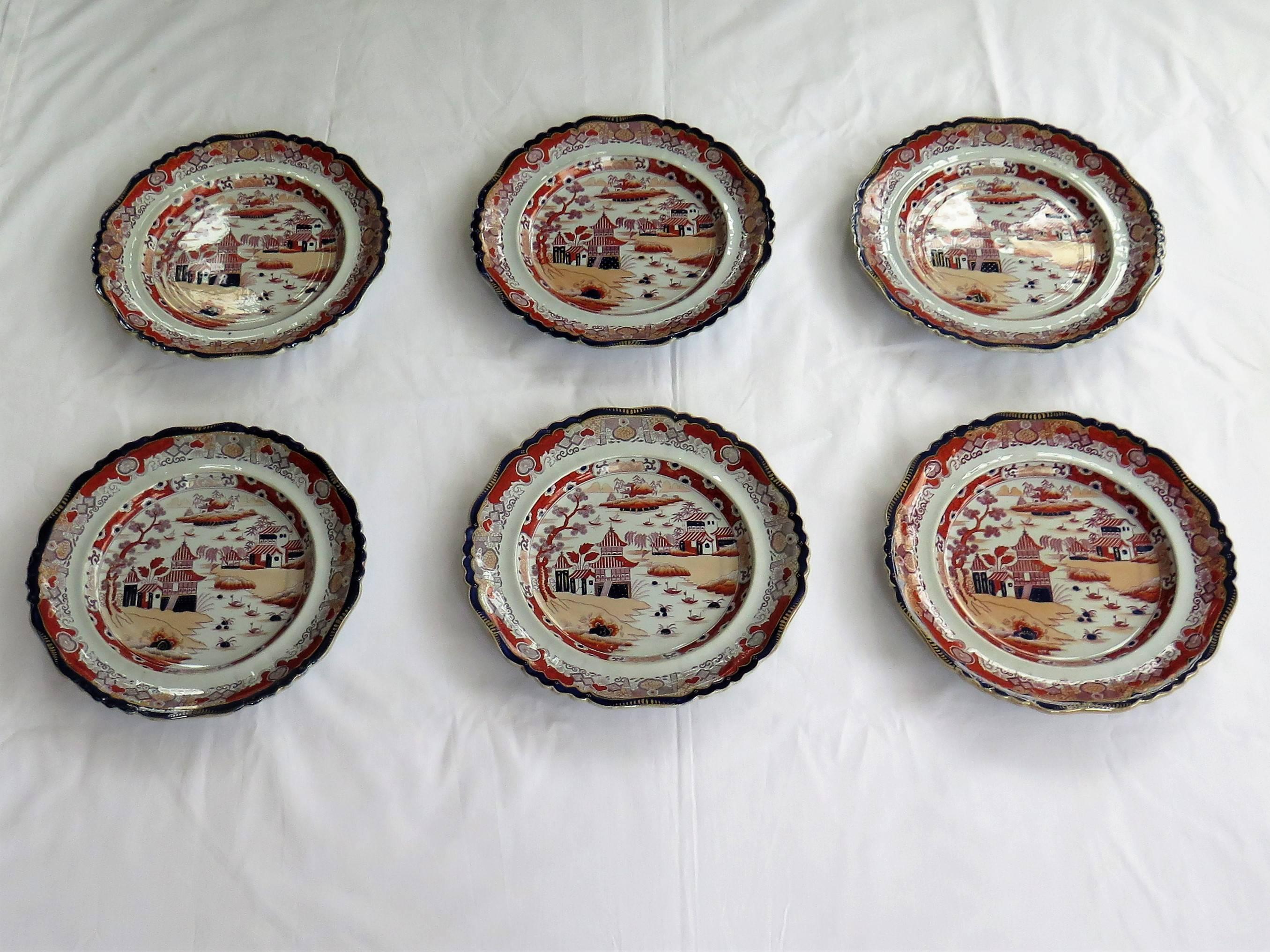 These are a beautiful set of SIX Large Dinner Plates by Mason's ironstone made during the mid-19th century, when Mason's was owned by Ashworth Brothers, circa 1865.

These Dinner Plates are well potted and large with a diameter of over 10 inches,