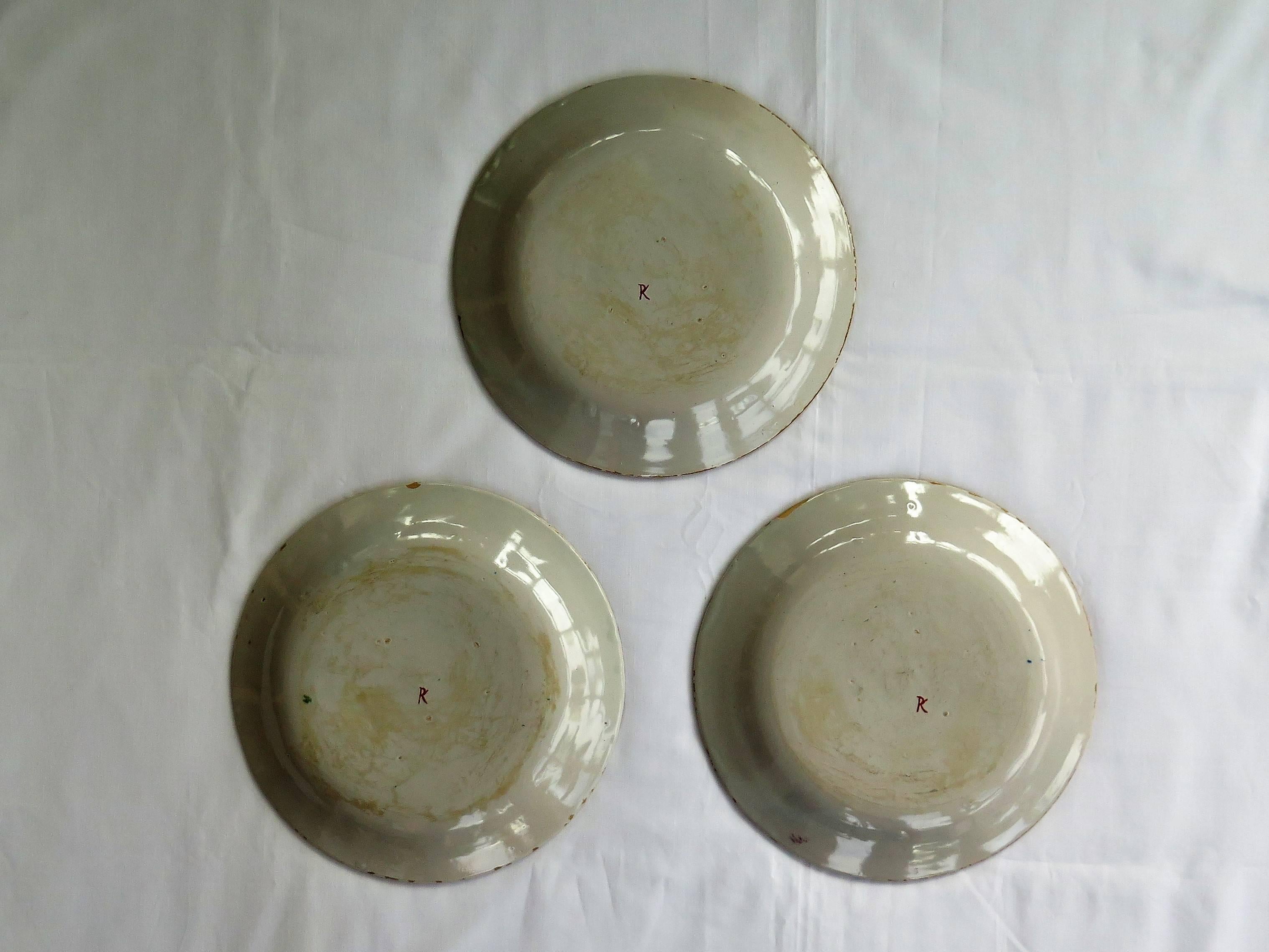 THREE 18th Century Faience Earthenware Plates hand painted, French circa 1780 In Good Condition In Lincoln, Lincolnshire