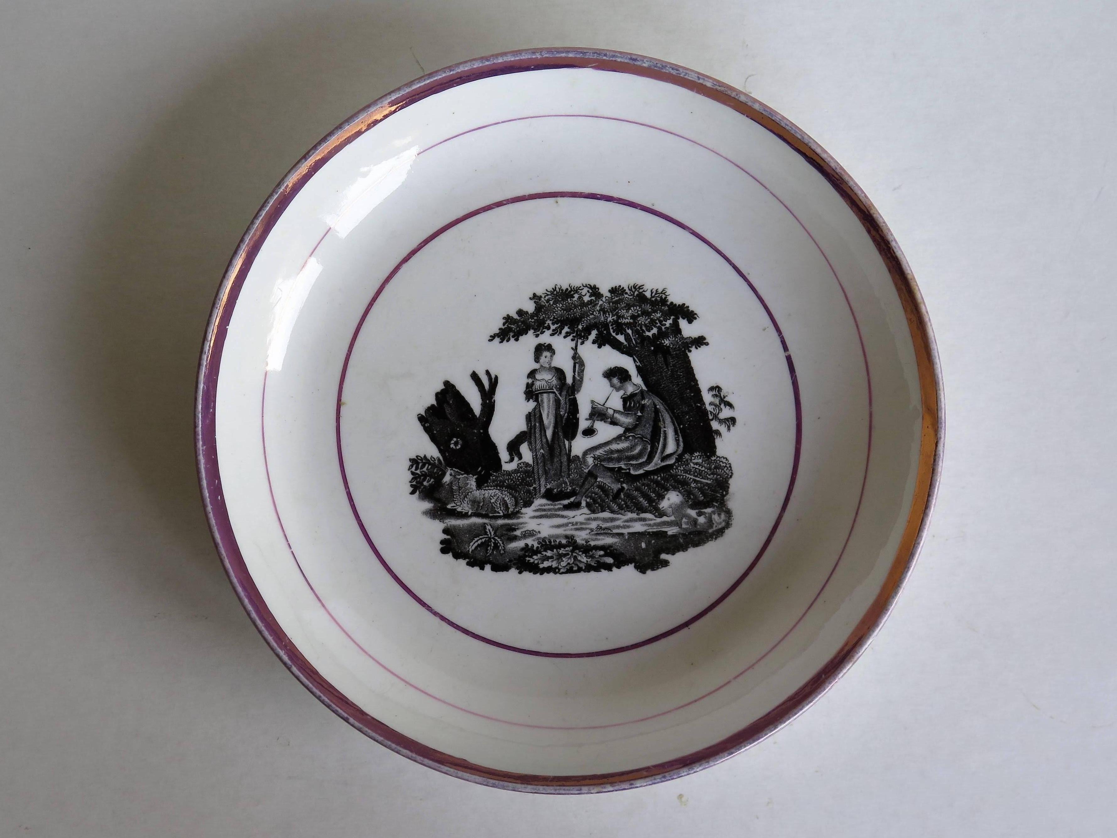 English Early 19th Century Sunderland Porcelain Lustre Dish, Classical Printed Pattern