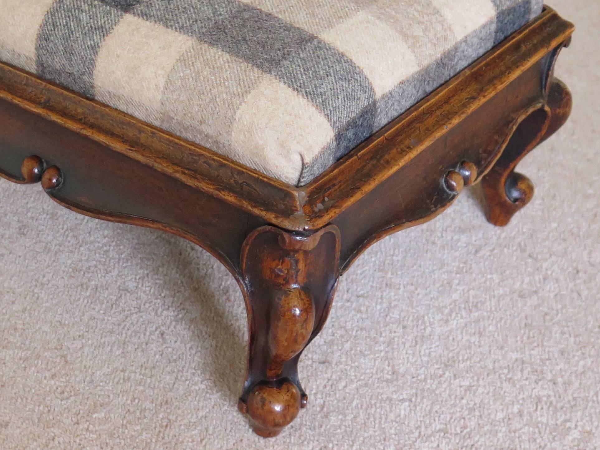 Hand-Crafted Mid-Victorian Mahogany Large Footstool Cabriole Legs Wool Mix Top, circa 1850
